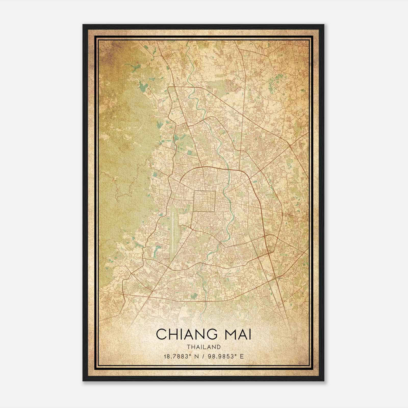 Vintage Chiang Mai Thailand Map Poster, Chiang Mai City Road Wall Art Print