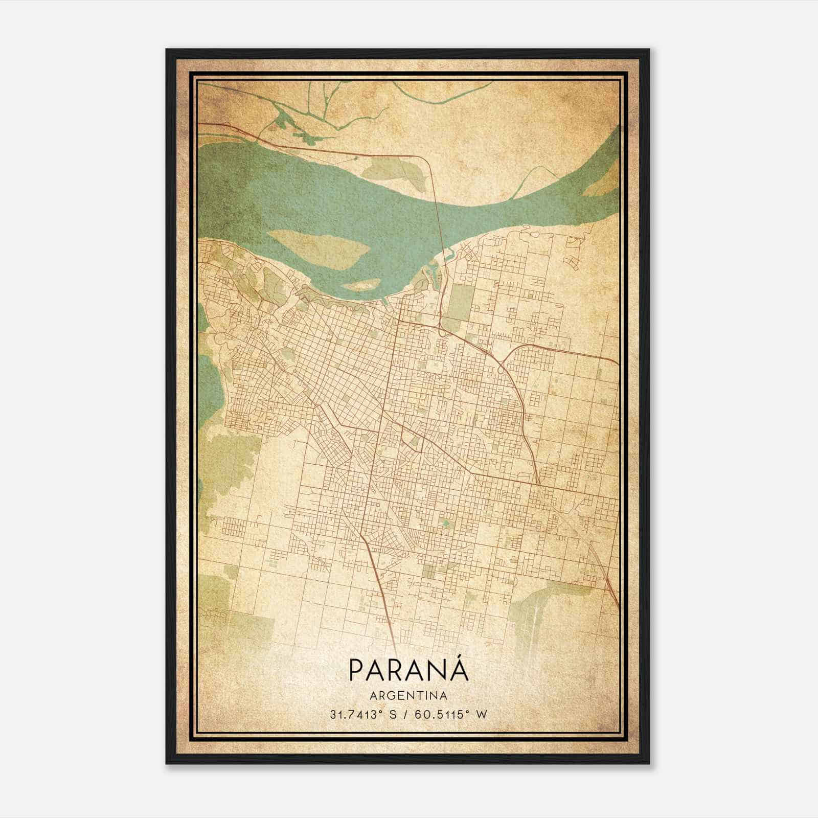 Vintage Parana Argentina Map Poster, Parana City Road Wall Art Print
