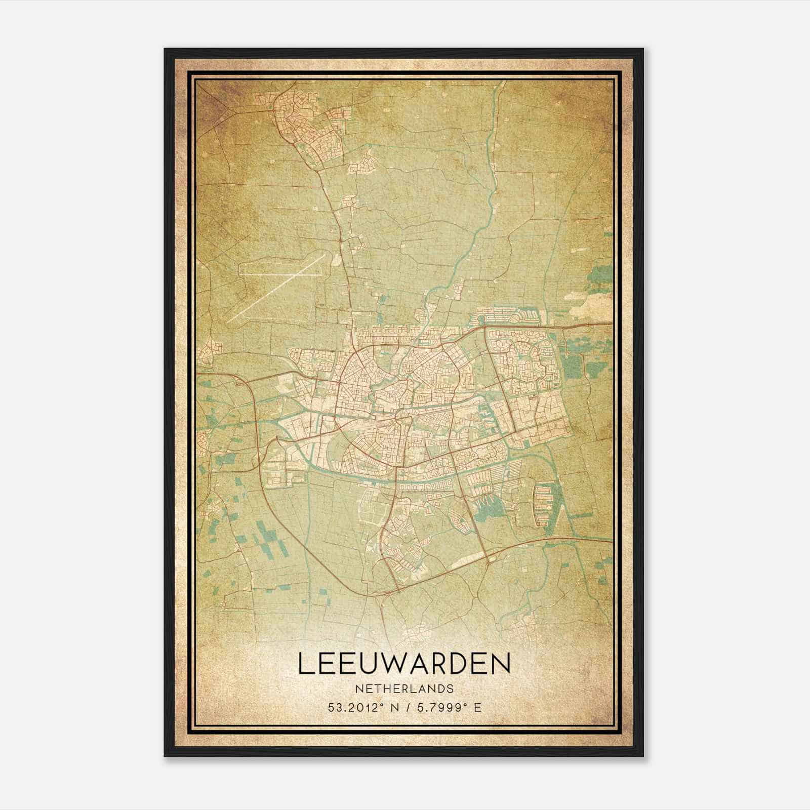 Vintage Leeuwarden Netherlands Map Poster, Leeuwarden City Road Wall Art Print