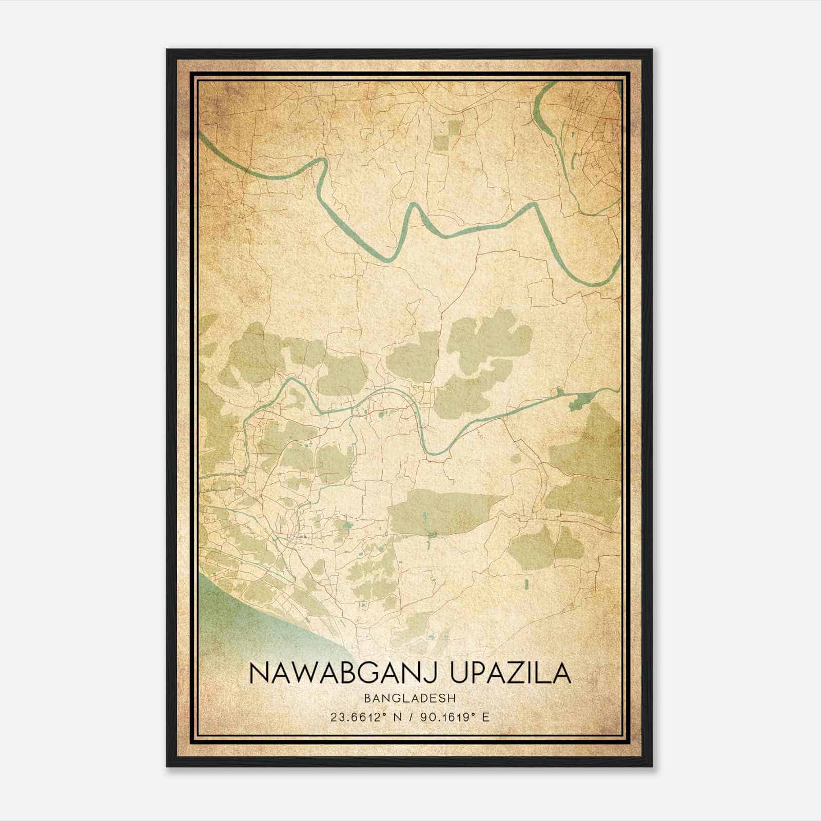 Vintage Nawabganj Upazila Bangladesh Map Poster, Nawabganj Upazila City Road Wall Art Print