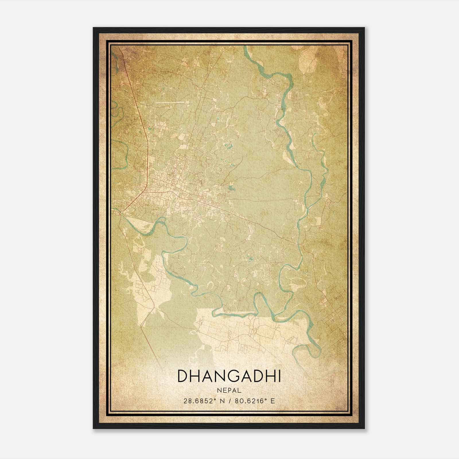 Vintage Dhangadhi Nepal Map Poster, Dhangadhi City Road Wall Art Print
