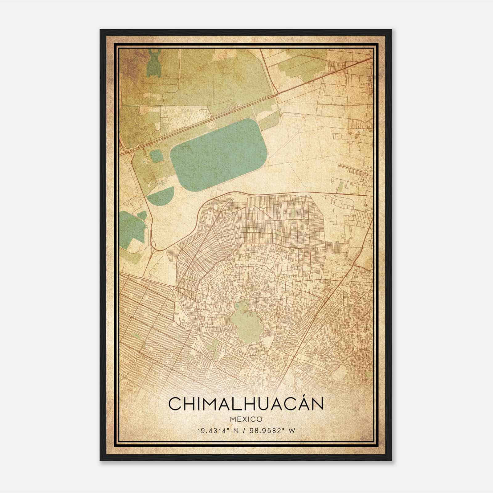 Vintage Chimalhuacan Mexico Map Poster, Chimalhuacan City Road Wall Art Print