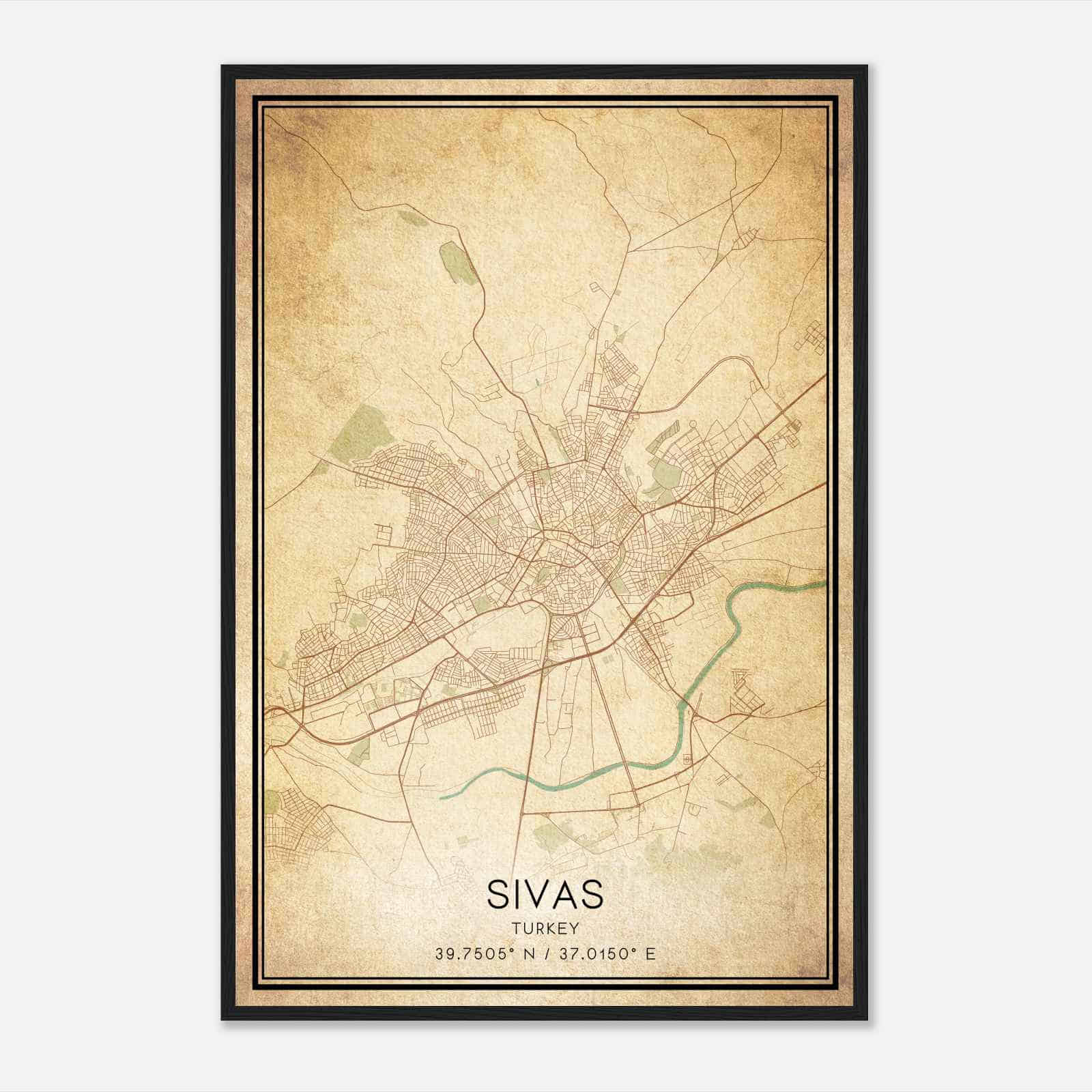 Vintage Sivas Turkey Map Poster, Sivas City Road Wall Art Print