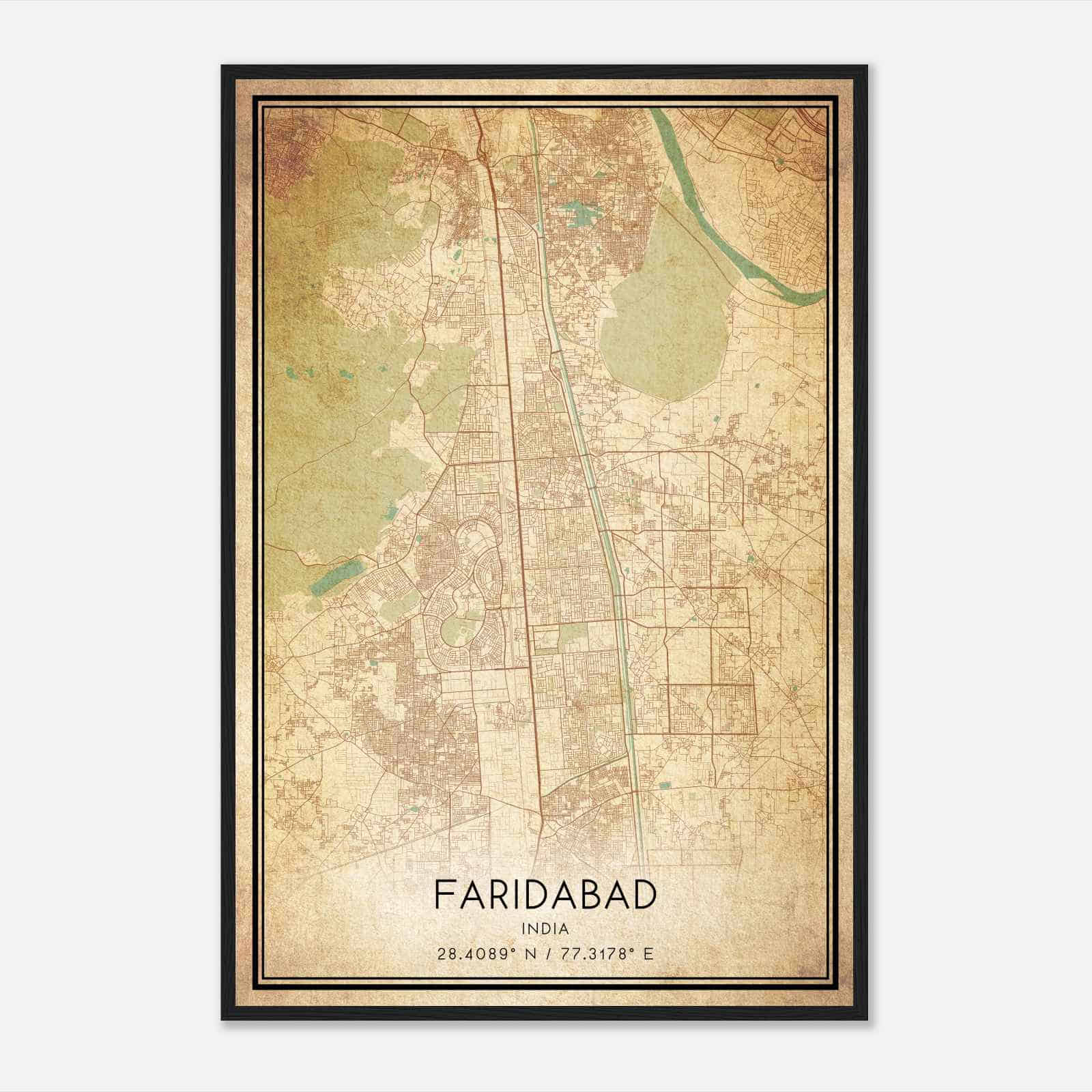 Vintage Faridabad India Map Poster, Faridabad City Road Wall Art Print