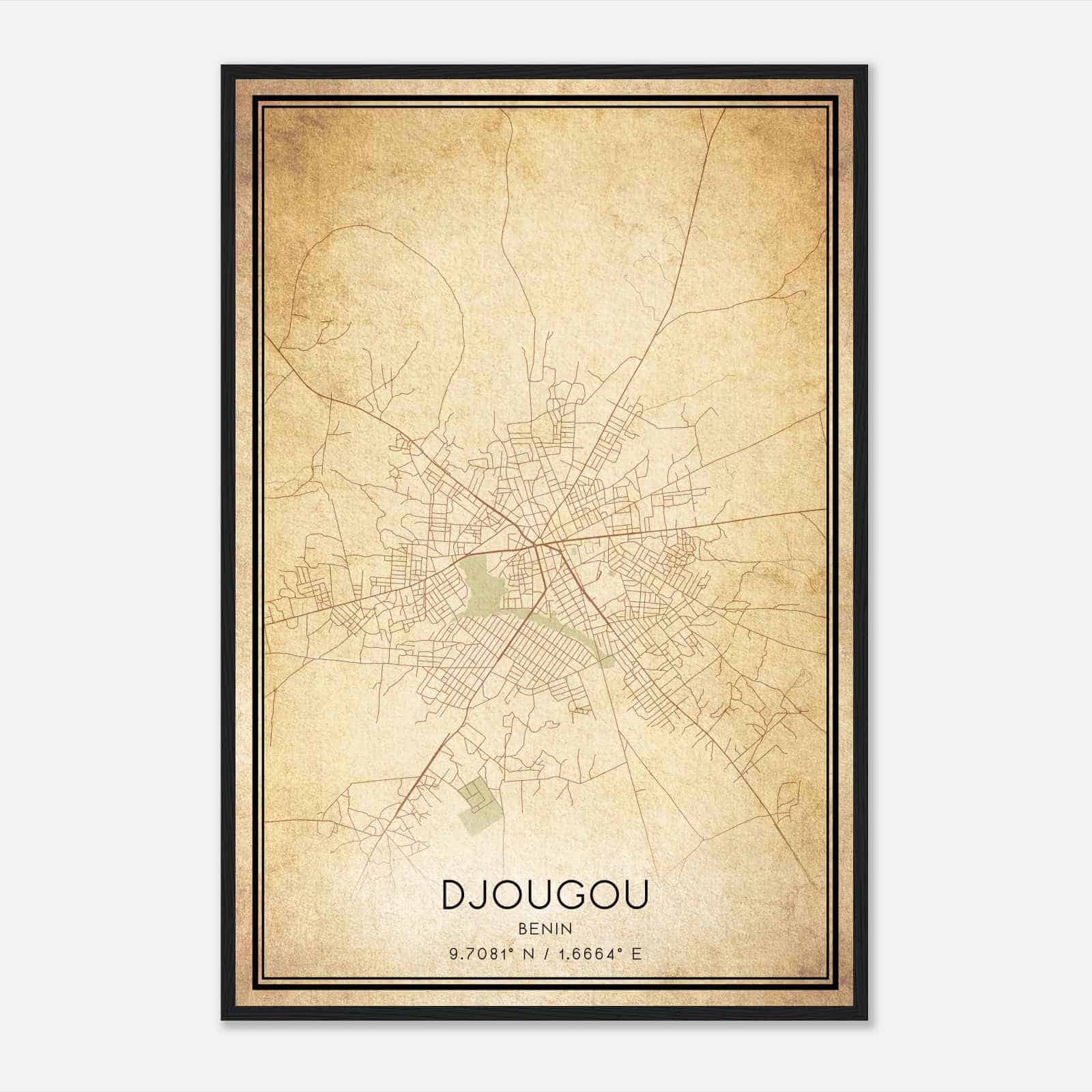 Vintage Djougou Benin Map Poster, Djougou City Road Wall Art Print