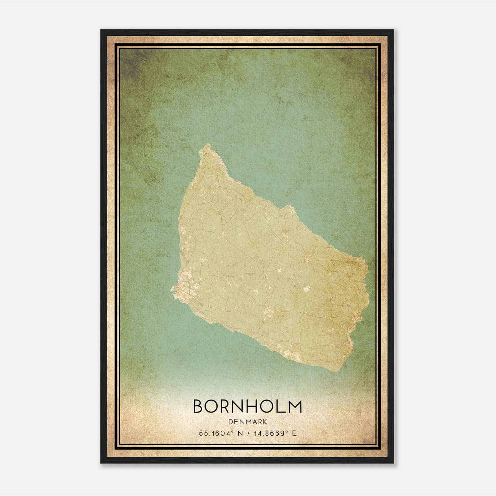 Vintage Bornholm Denmark Map Poster, Bornholm City Road Wall Art Print