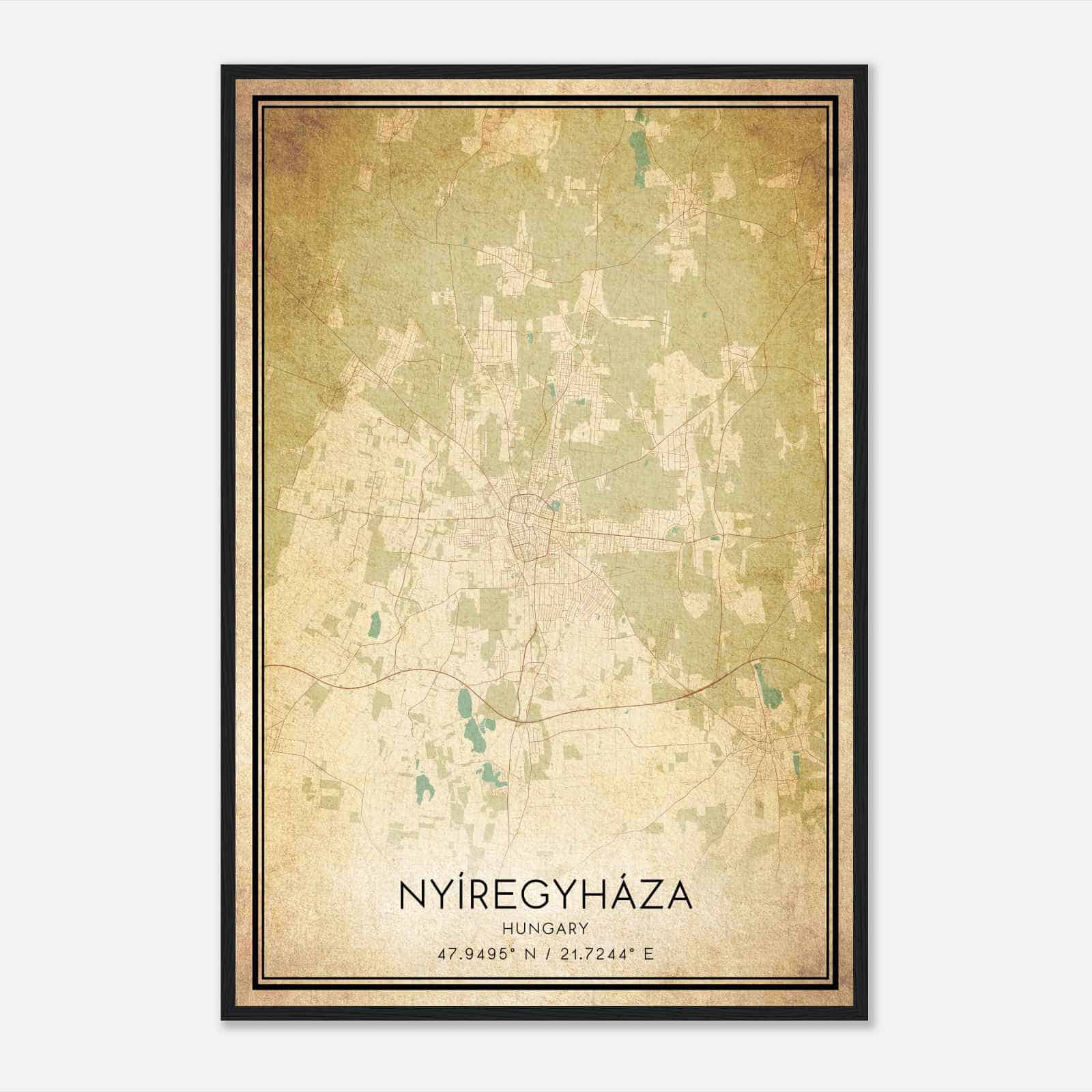 Vintage Nyiregyhaza Hungary Map Poster, Nyiregyhaza City Road Wall Art Print