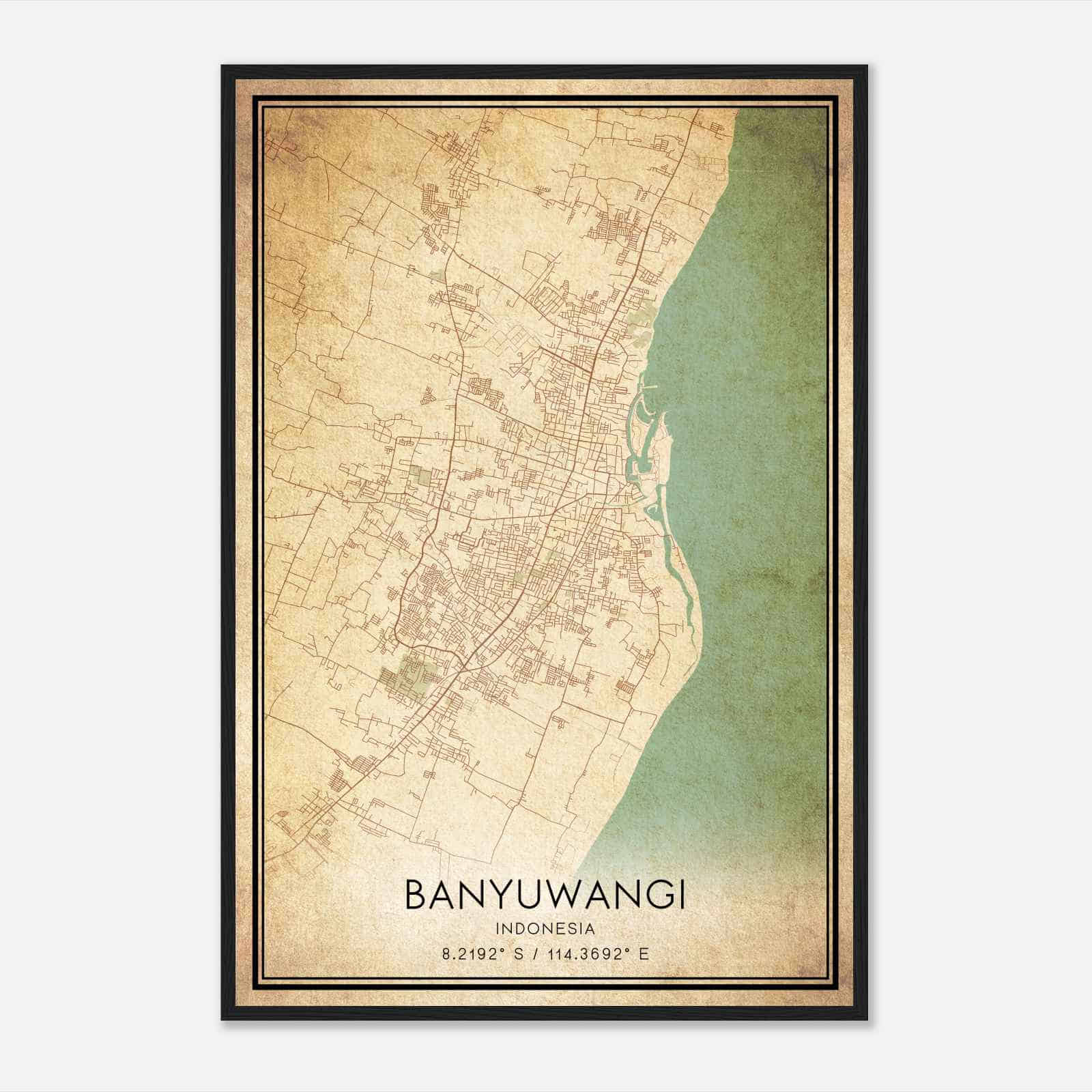 Vintage Banyuwangi Indonesia Map Poster, Banyuwangi City Road Wall Art Print