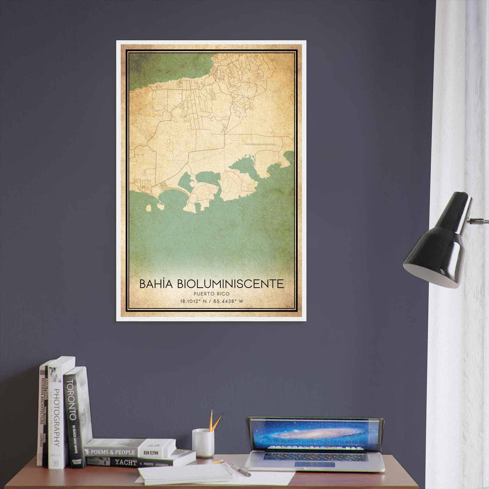 Vintage Bahia Bioluminiscente Puerto Rico Map Poster, Bahia Bioluminiscente City Road Wall Art Print