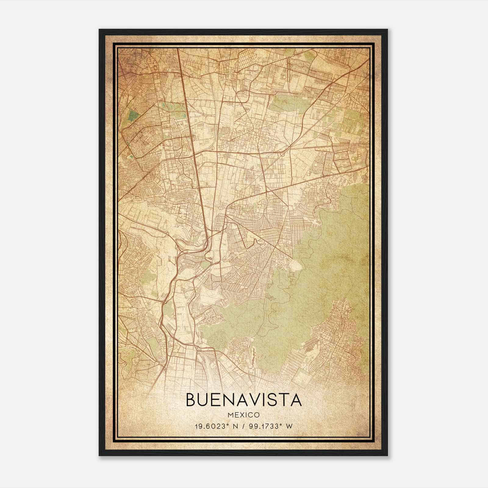 Vintage Buenavista Mexico Map Poster, Buenavista City Road Wall Art Print