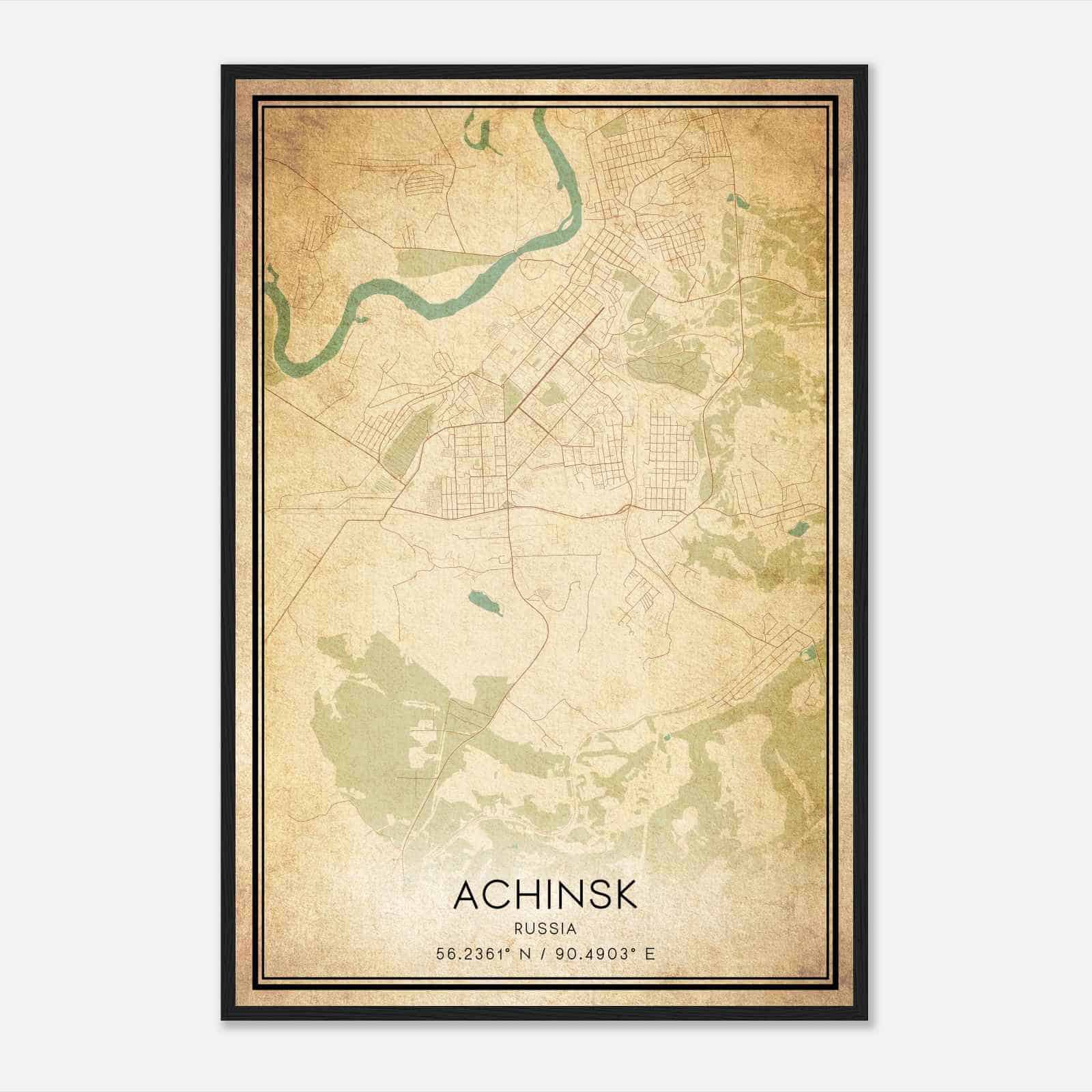 Vintage Achinsk Russia Map Poster, Achinsk City Road Wall Art Print