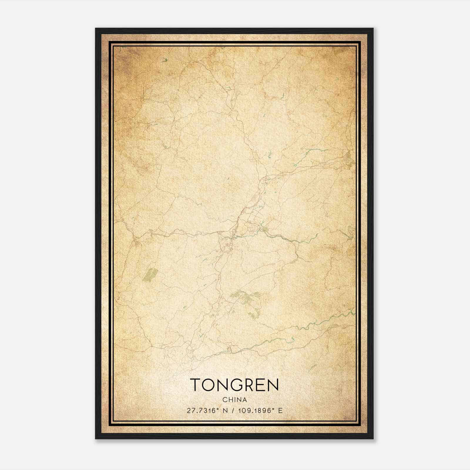 Vintage Tongren China Map Poster, Tongren City Road Wall Art Print
