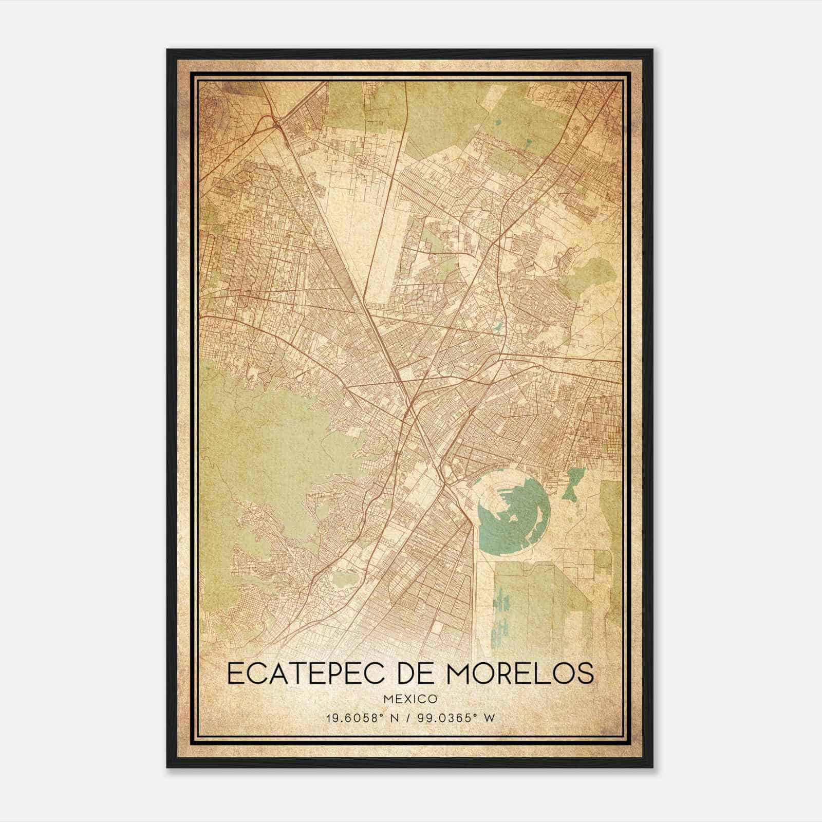 Vintage Ecatepec de Morelos Mexico Map Poster, Ecatepec de Morelos City Road Wall Art Print