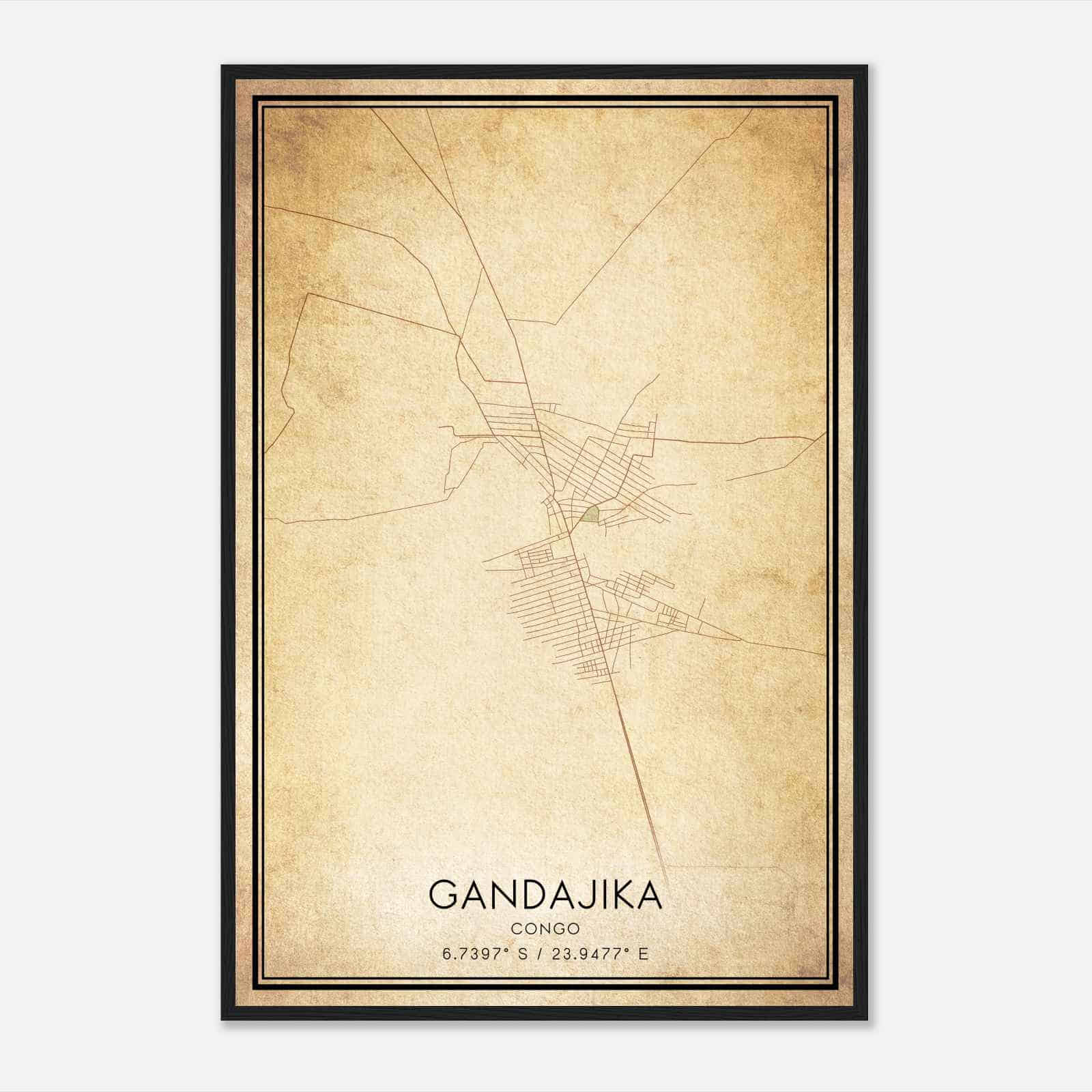 Vintage Gandajika Congo Map Poster, Gandajika City Road Wall Art Print
