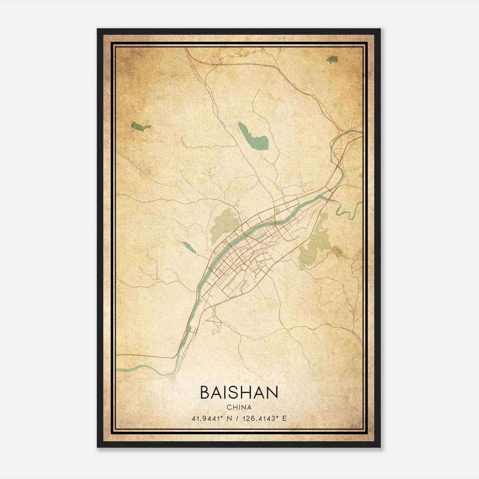 Vintage Baishan China Map Poster, Baishan City Road Wall Art Print