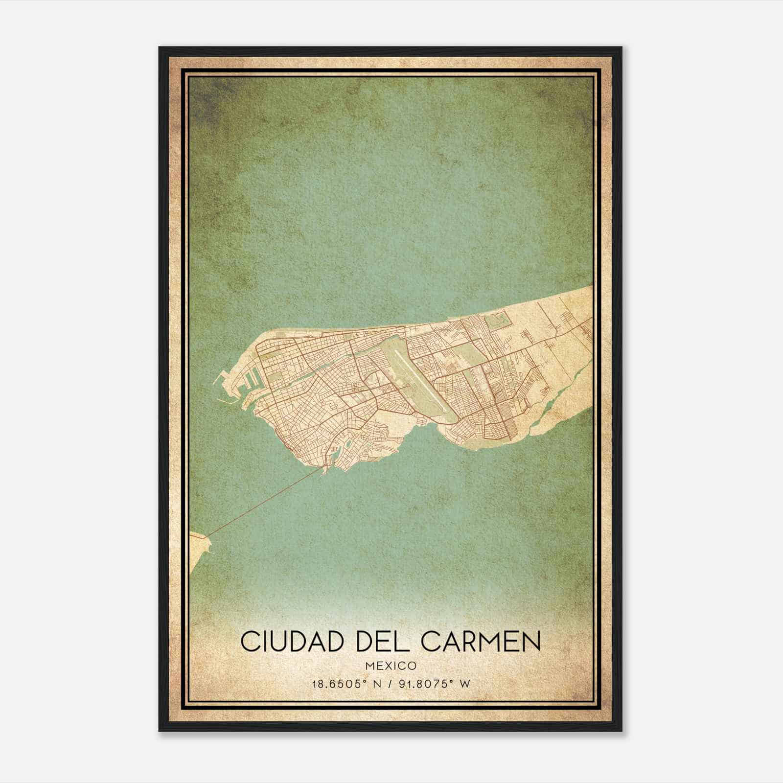 Vintage Ciudad del Carmen Mexico Map Poster, Ciudad del Carmen City Road Wall Art Print