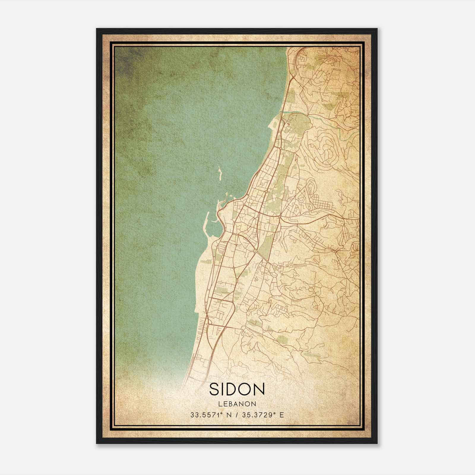 Vintage Sidon Lebanon Map Poster, Sidon City Road Wall Art Print