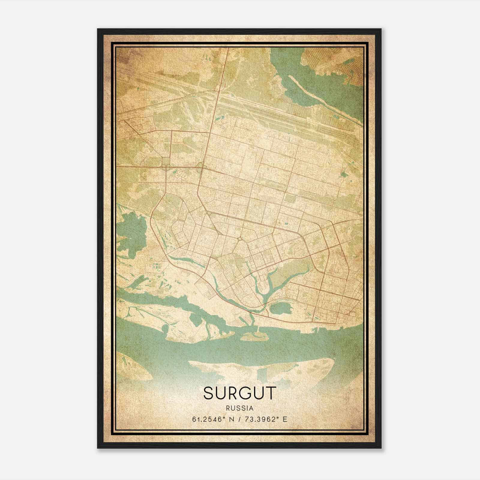 Vintage Surgut Russia Map Poster, Surgut City Road Wall Art Print