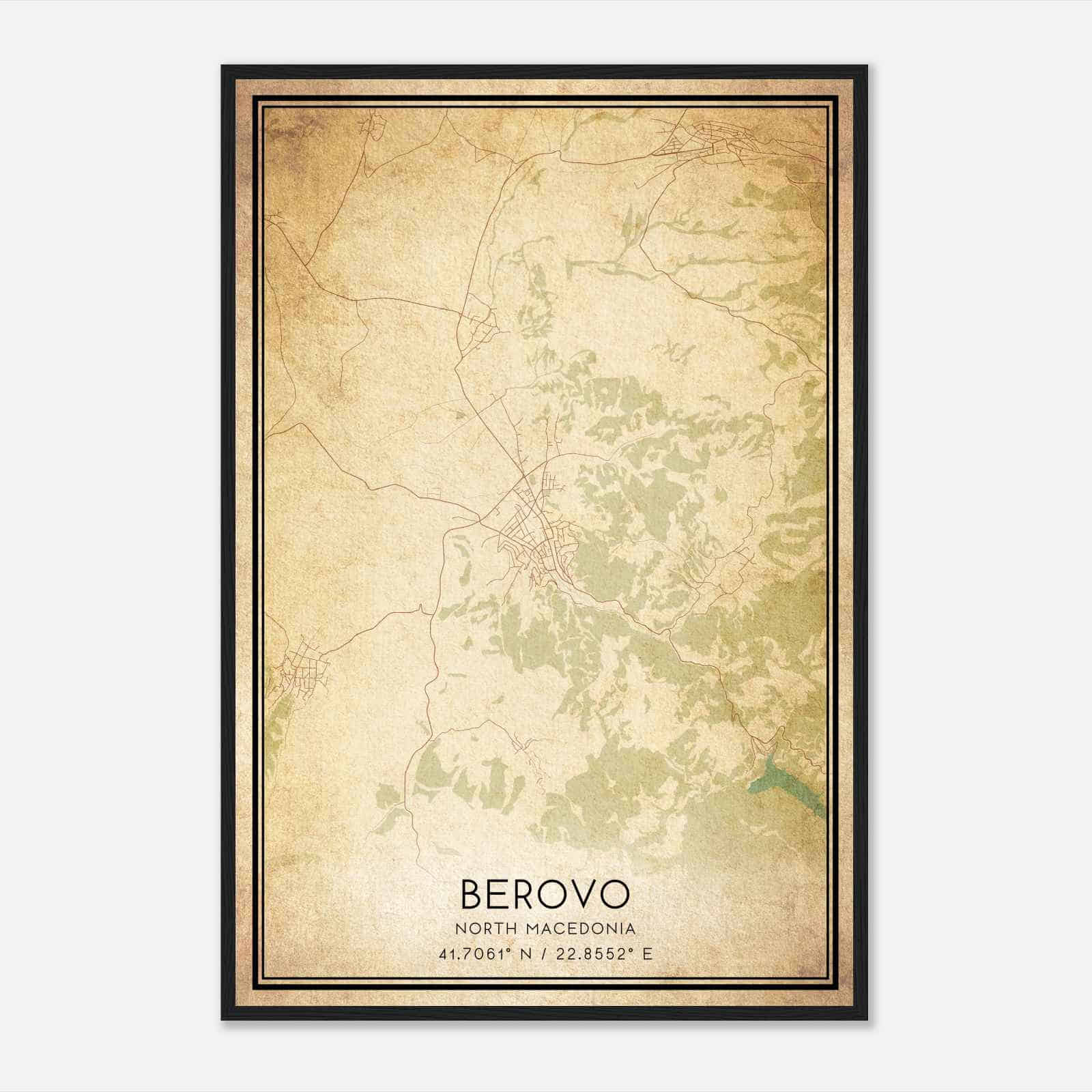 Vintage Berovo North Macedonia Map Poster, Berovo City Road Wall Art Print