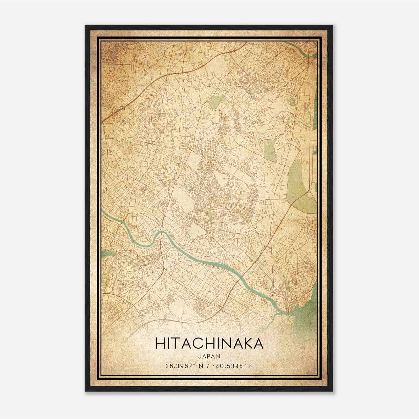 Vintage Hitachinaka Japan Map Poster, Hitachinaka City Road Wall Art Print