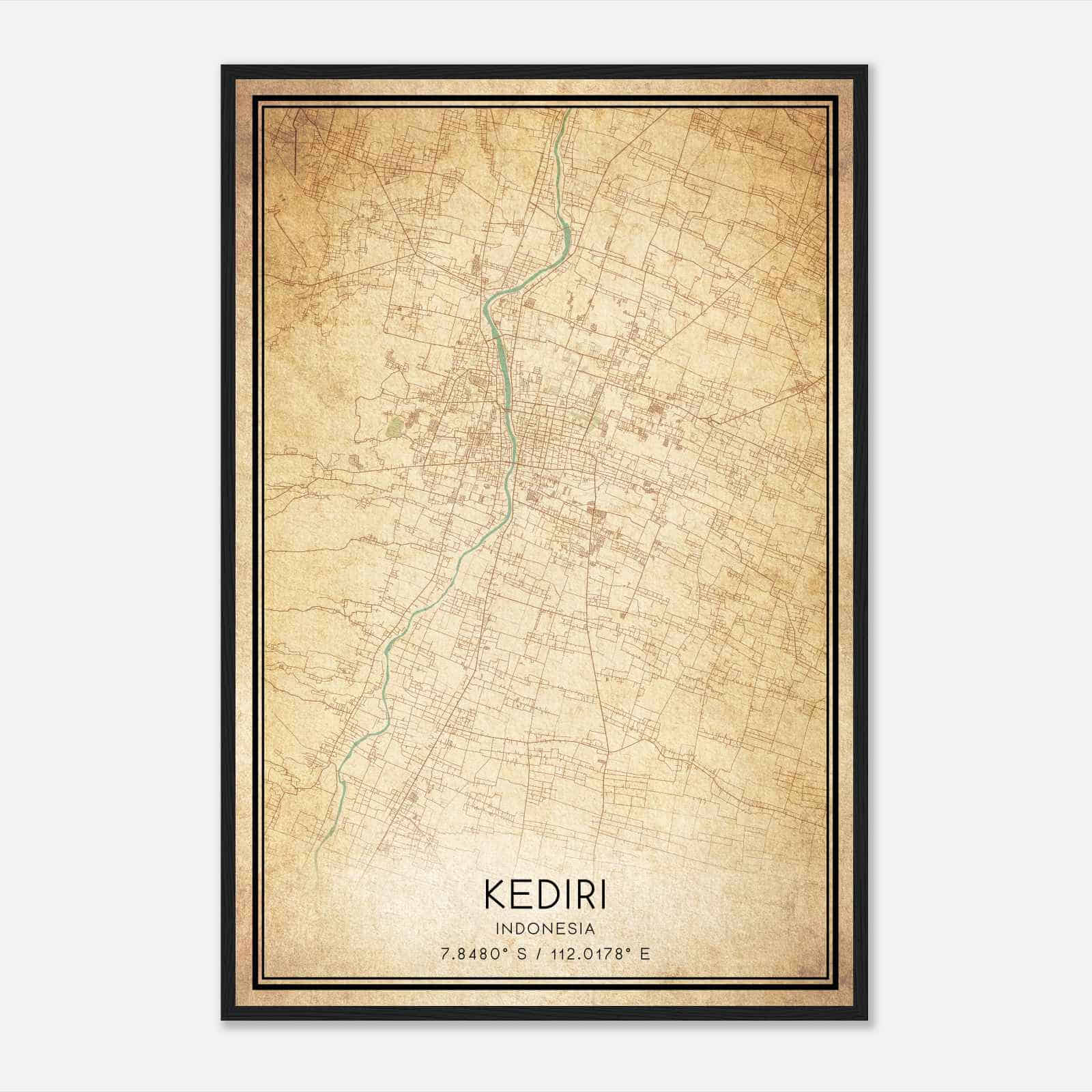 Vintage Kediri Indonesia Map Poster, Kediri City Road Wall Art Print