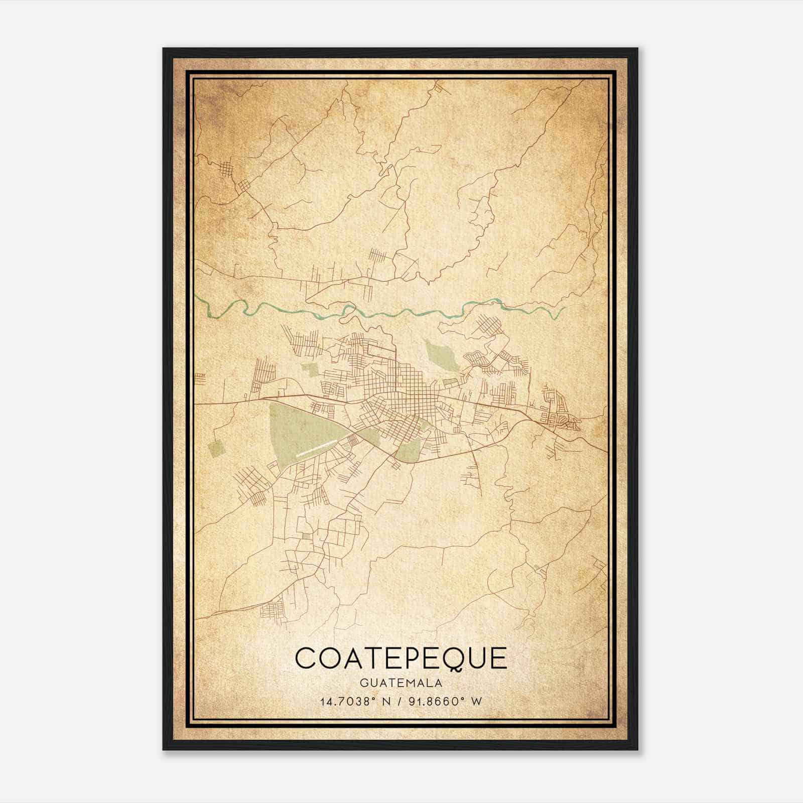 Vintage Coatepeque Guatemala Map Poster, Coatepeque City Road Wall Art Print