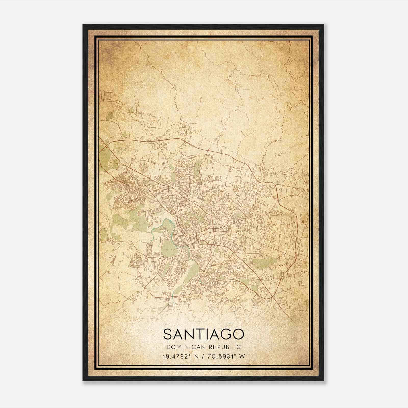 Vintage Santiago Dominican Republic Map Poster, Santiago City Road Wall Art Print
