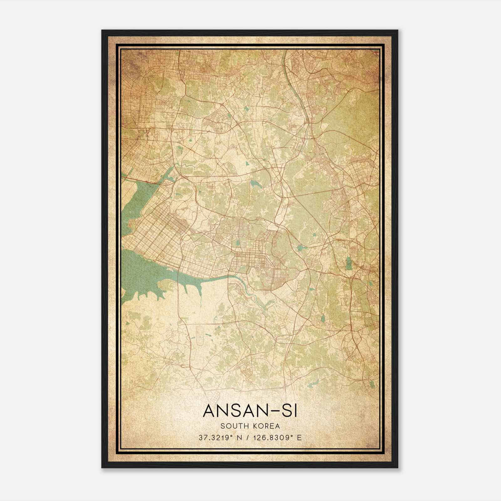Vintage Ansansi South Korea Map Poster, Ansansi City Road Wall Art Print