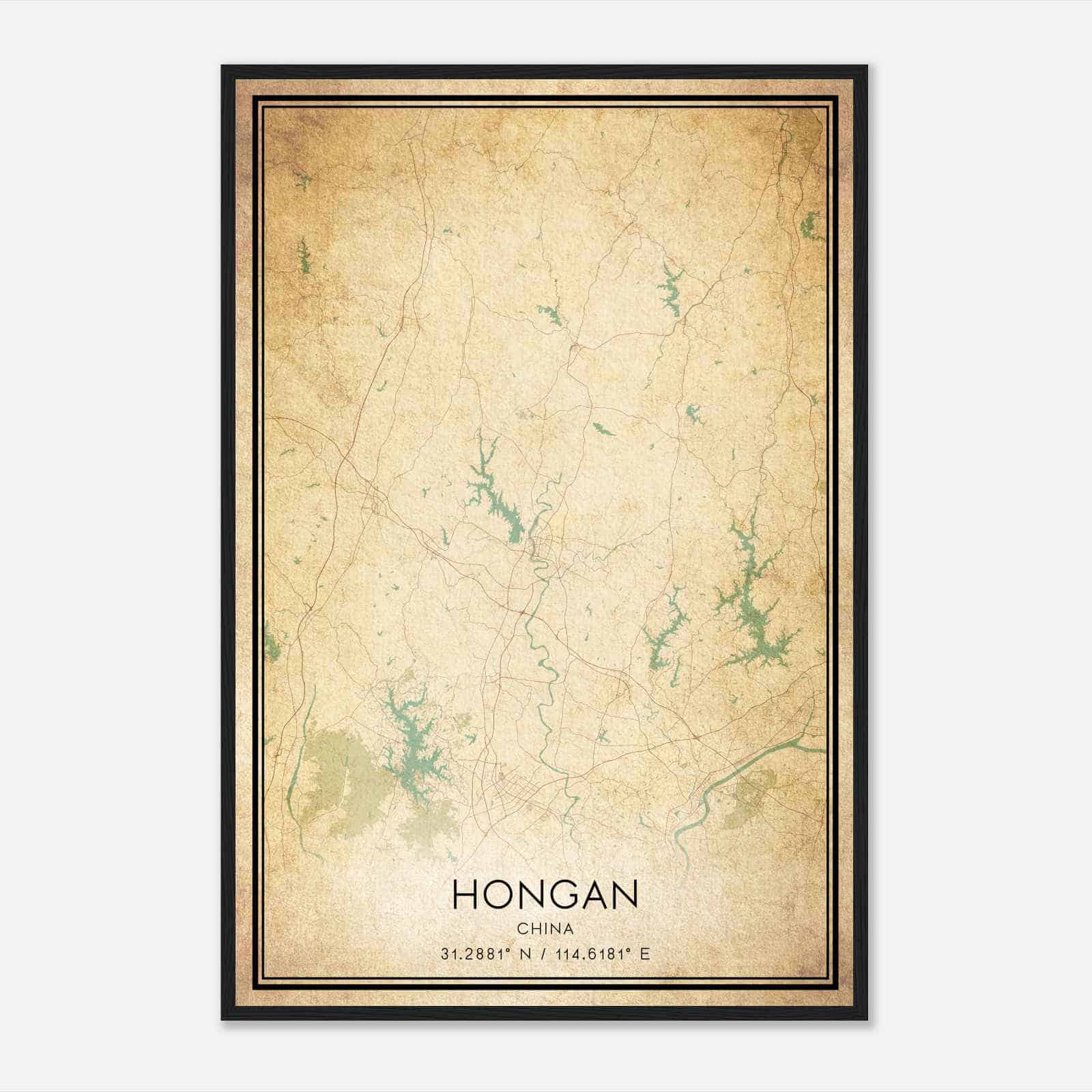 Vintage Hongan China Map Poster, Hongan City Road Wall Art Print