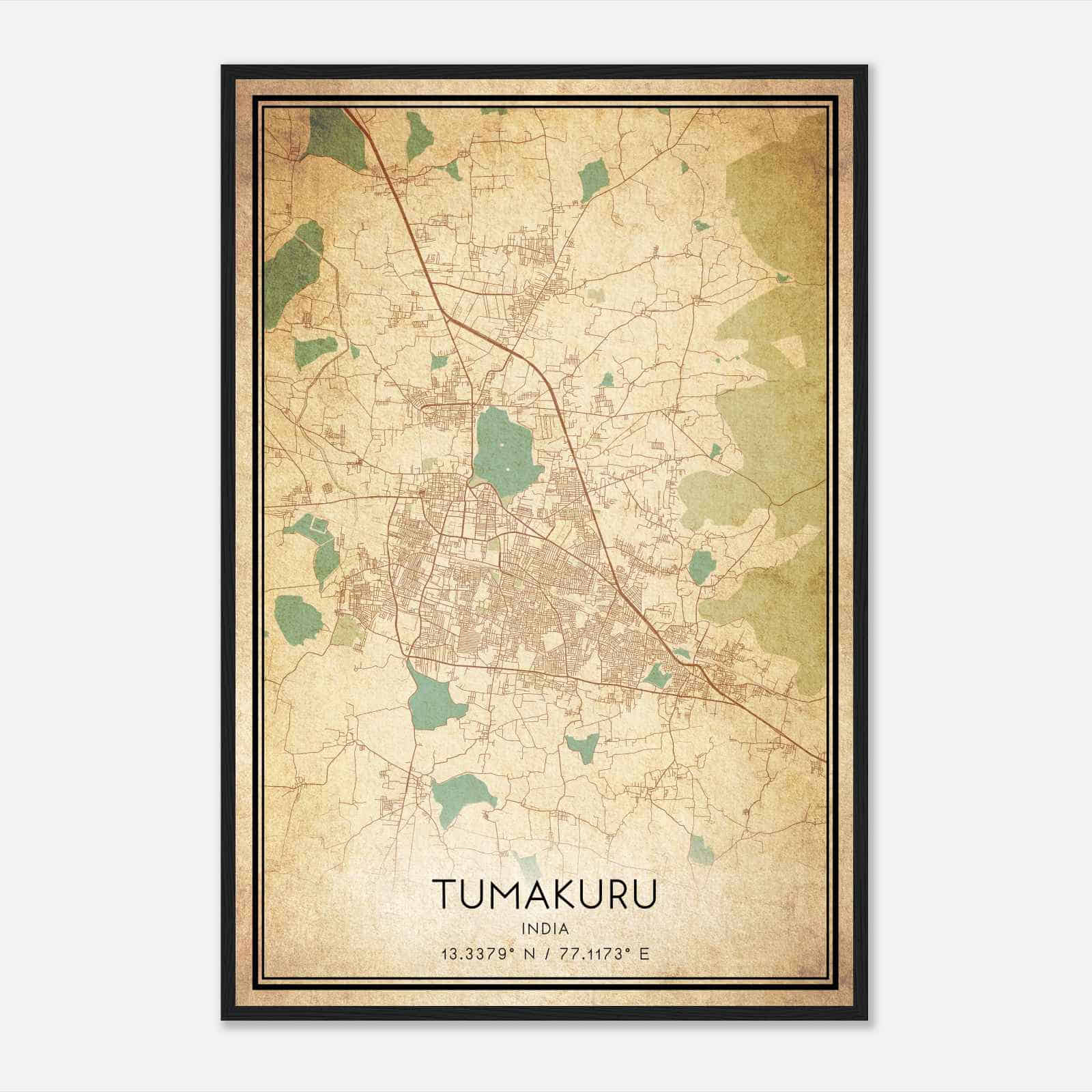 Vintage Tumakuru India Map Poster, Tumakuru City Road Wall Art Print
