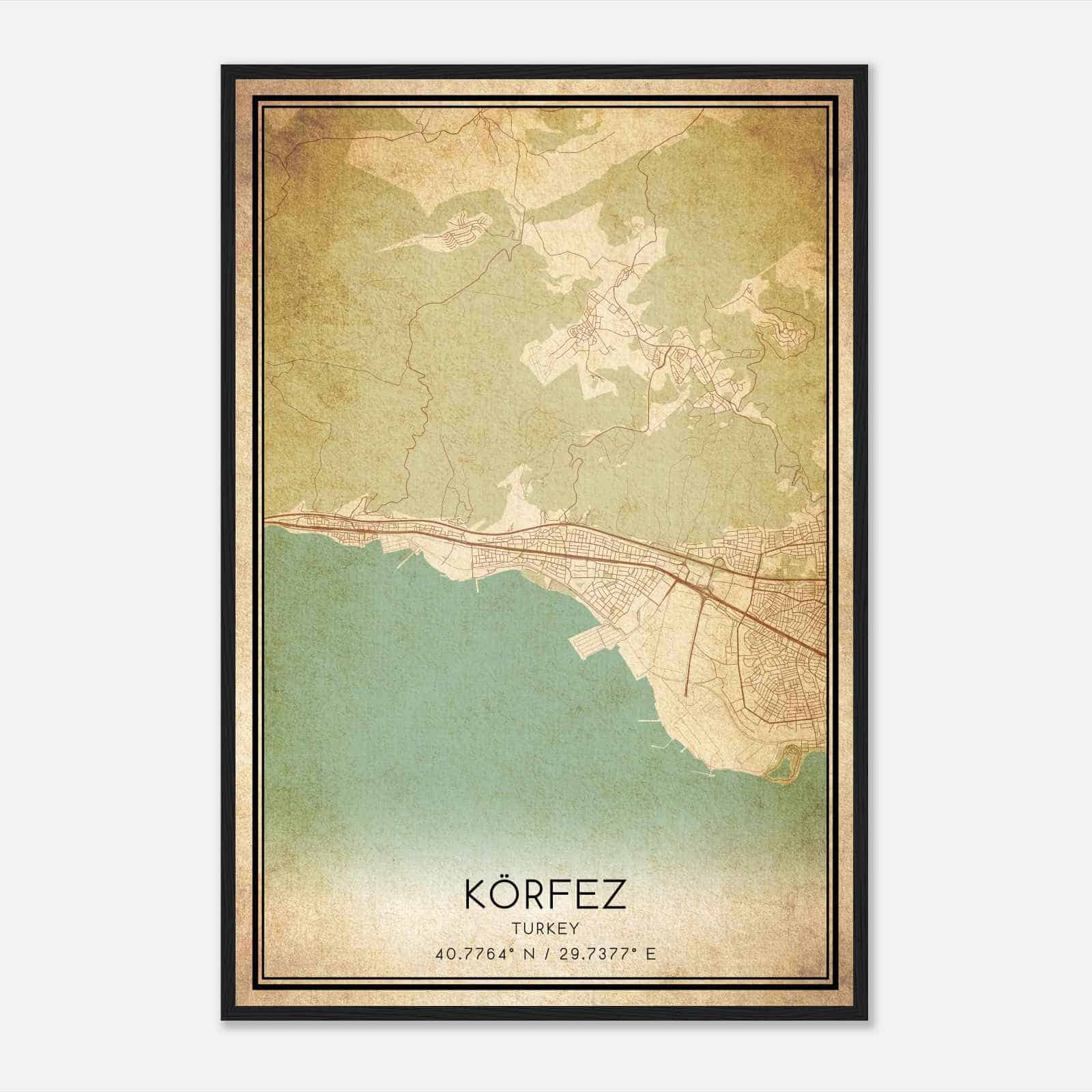 Vintage Korfez Turkey Map Poster, Korfez City Road Wall Art Print