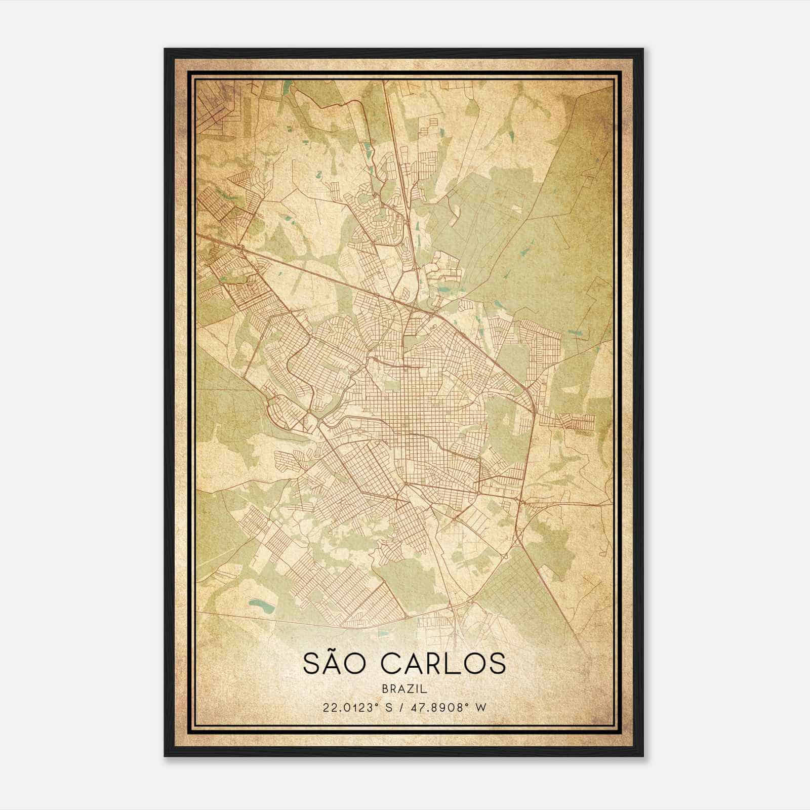 Vintage Sao Carlos Brazil Map Poster, Sao Carlos City Road Wall Art Print
