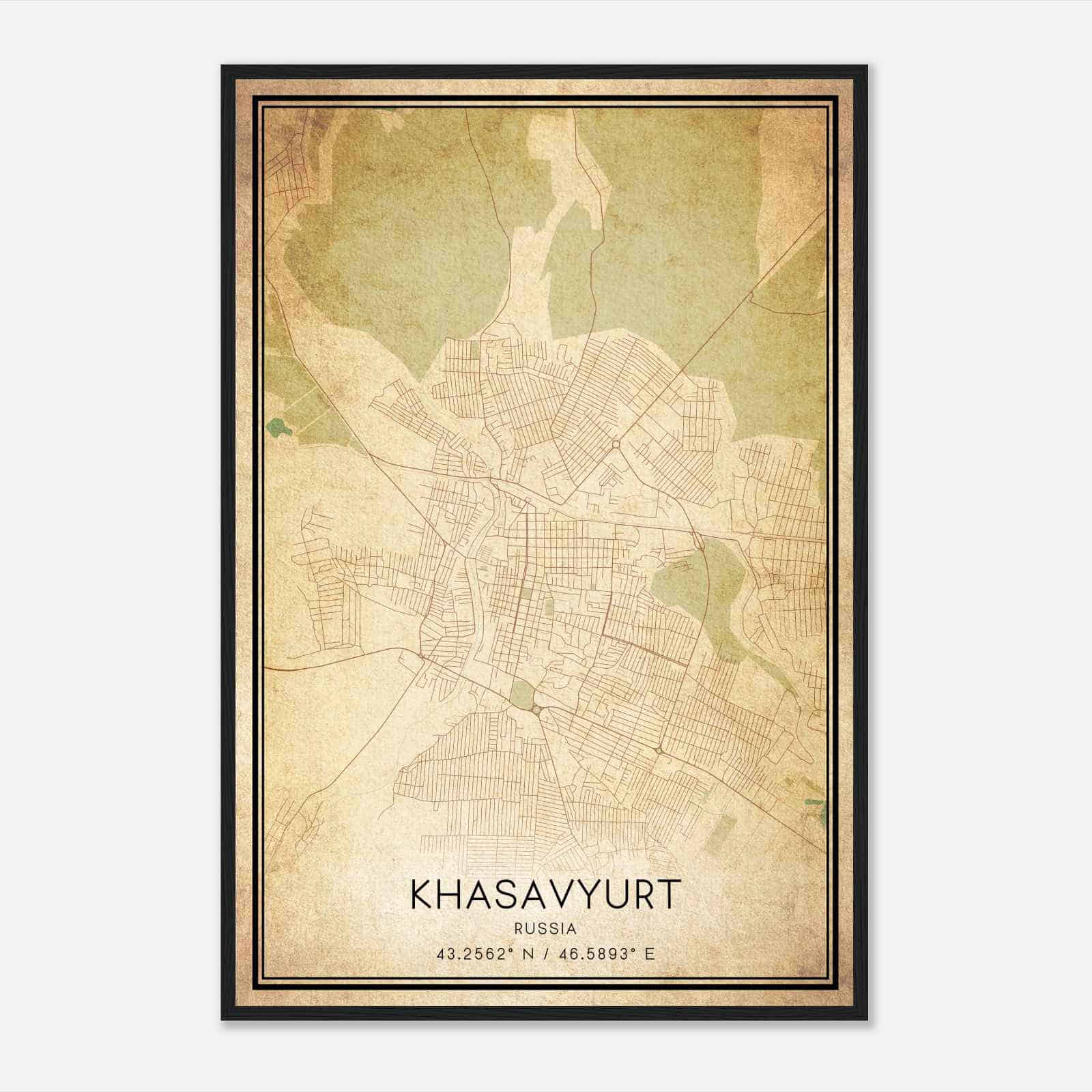 Vintage Khasavyurt Russia Map Poster, Khasavyurt City Road Wall Art Print
