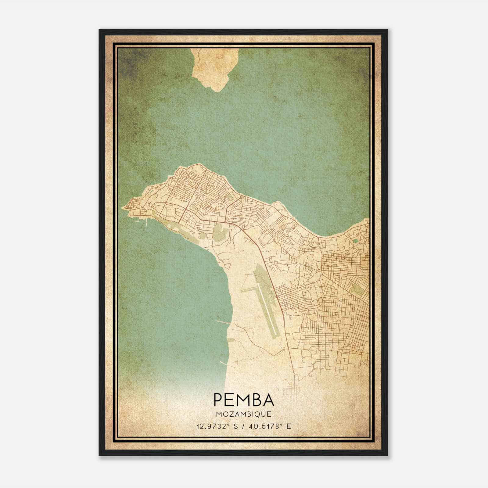 Vintage Pemba Mozambique Map Poster, Pemba City Road Wall Art Print