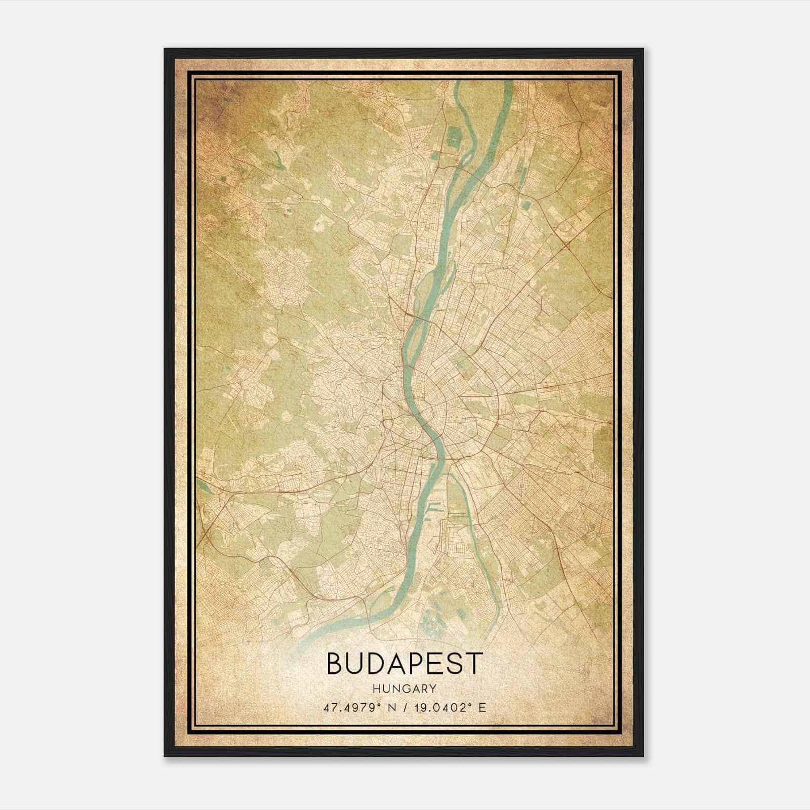 Vintage Budapest Hungary Map Poster, Budapest City Road Wall Art Print