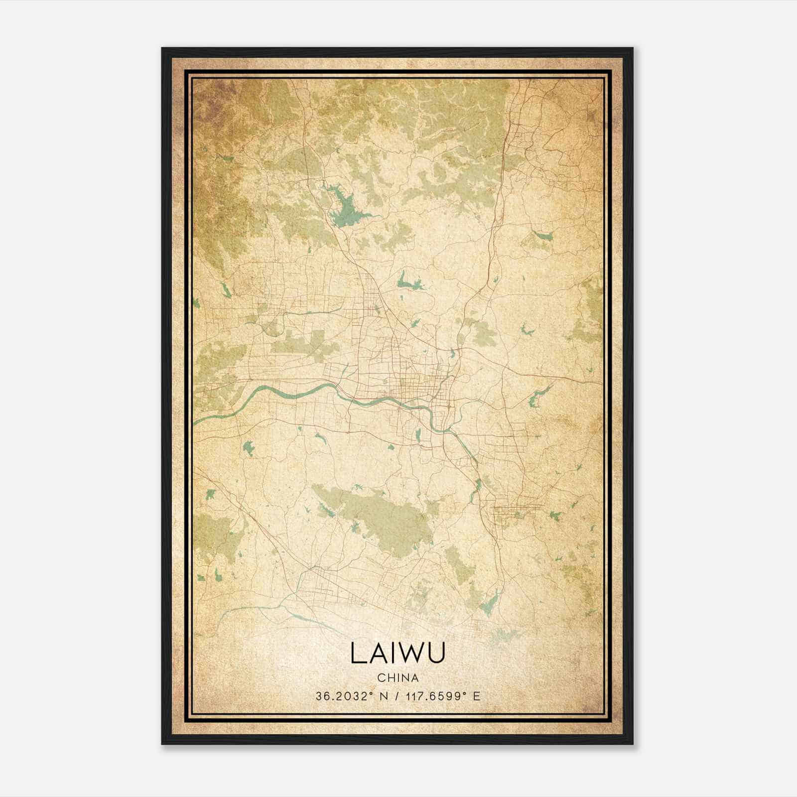 Vintage Laiwu China Map Poster, Laiwu City Road Wall Art Print
