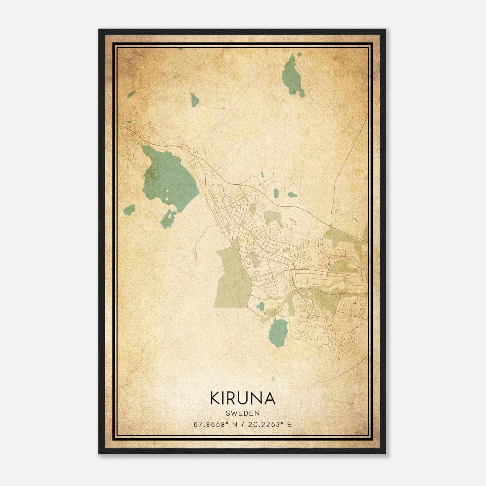 Vintage Kiruna Sweden Map Poster, Kiruna City Road Wall Art Print
