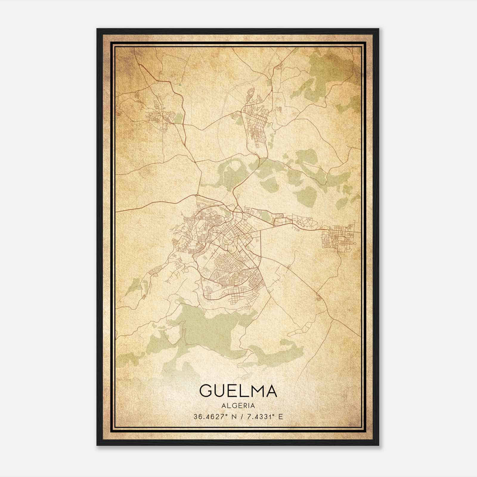 Vintage Guelma Algeria Map Poster, Guelma City Road Wall Art Print