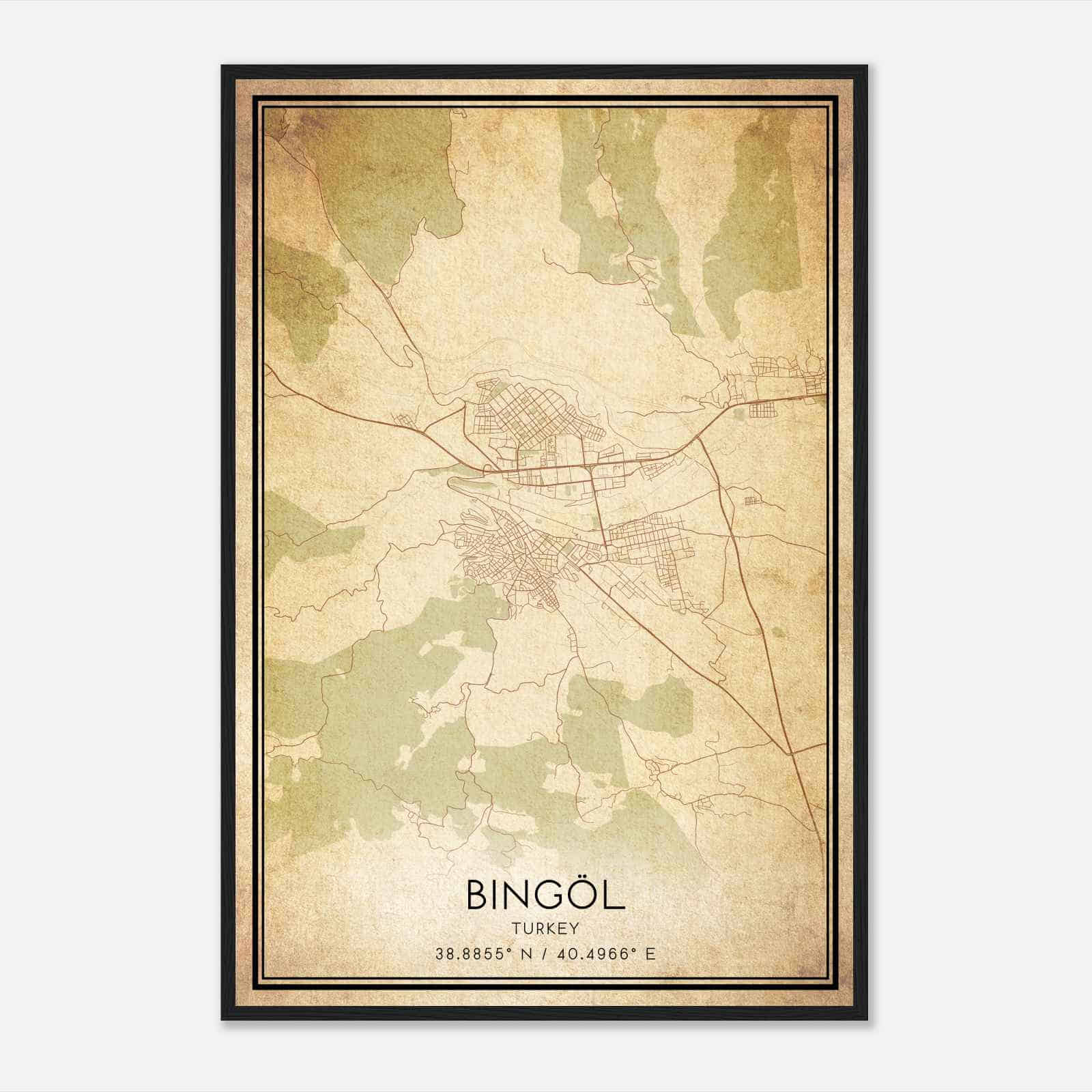Vintage Bingol Turkey Map Poster, Bingol City Road Wall Art Print