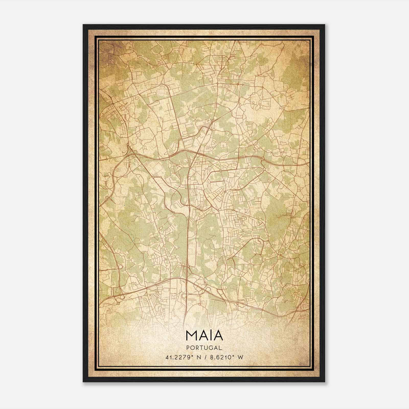 Vintage Maia Portugal Map Poster, Maia City Road Wall Art Print