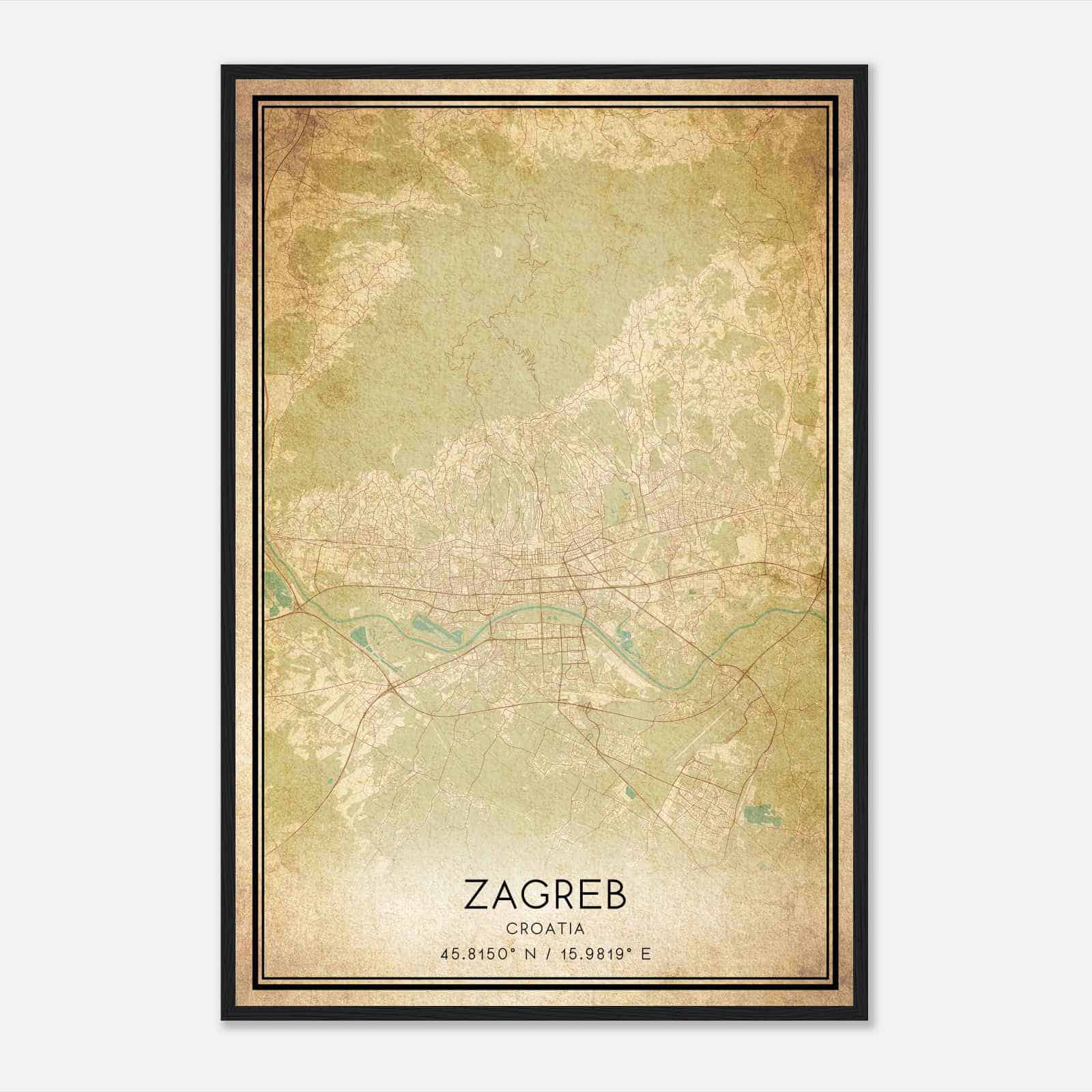 Vintage Zagreb Croatia Map Poster, Zagreb City Road Wall Art Print
