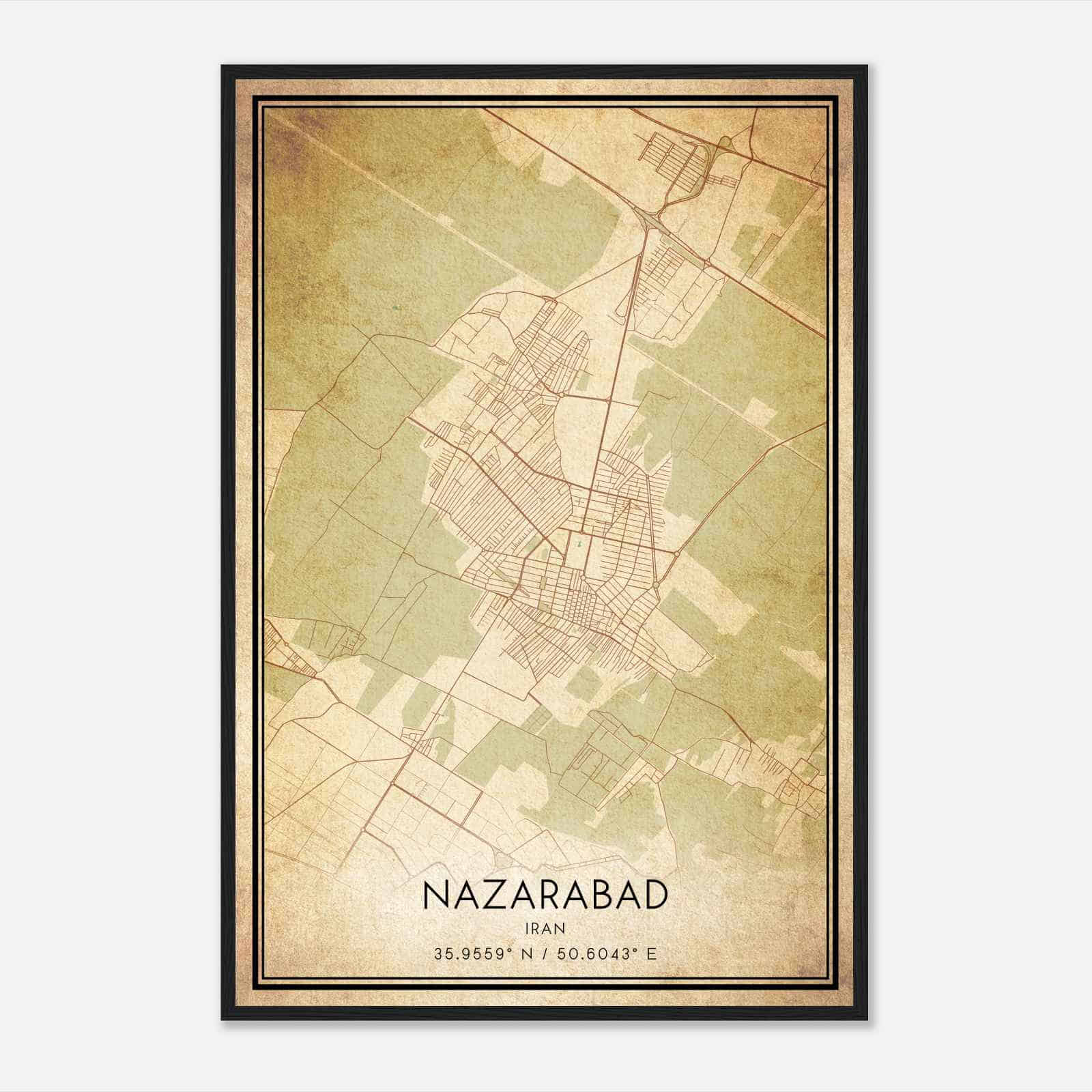 Vintage Nazarabad Iran Map Poster, Nazarabad City Road Wall Art Print