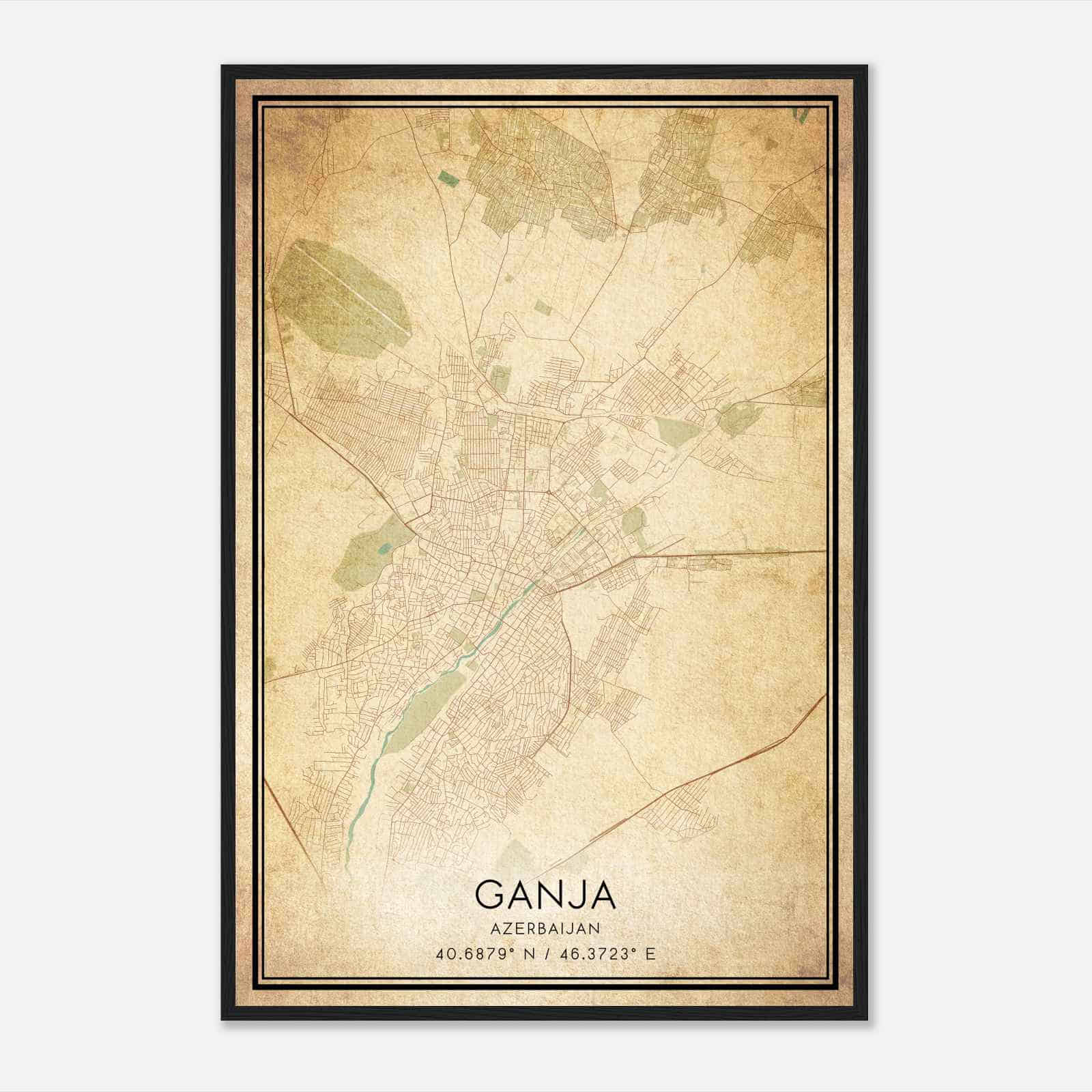 Vintage Ganja Azerbaijan Map Poster, Ganja City Road Wall Art Print