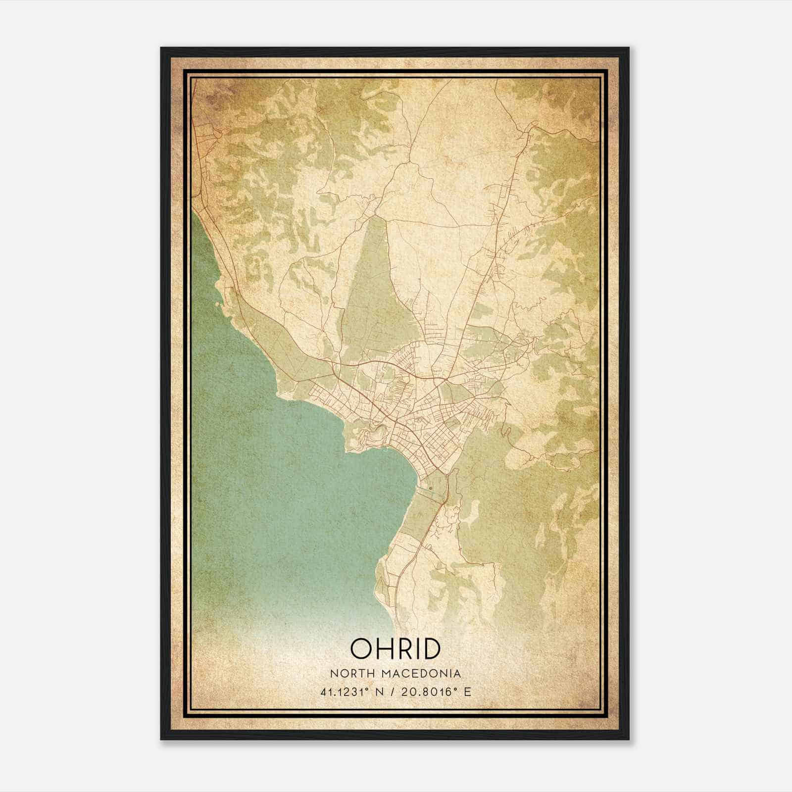 Vintage Ohrid North Macedonia Map Poster, Ohrid City Road Wall Art Print
