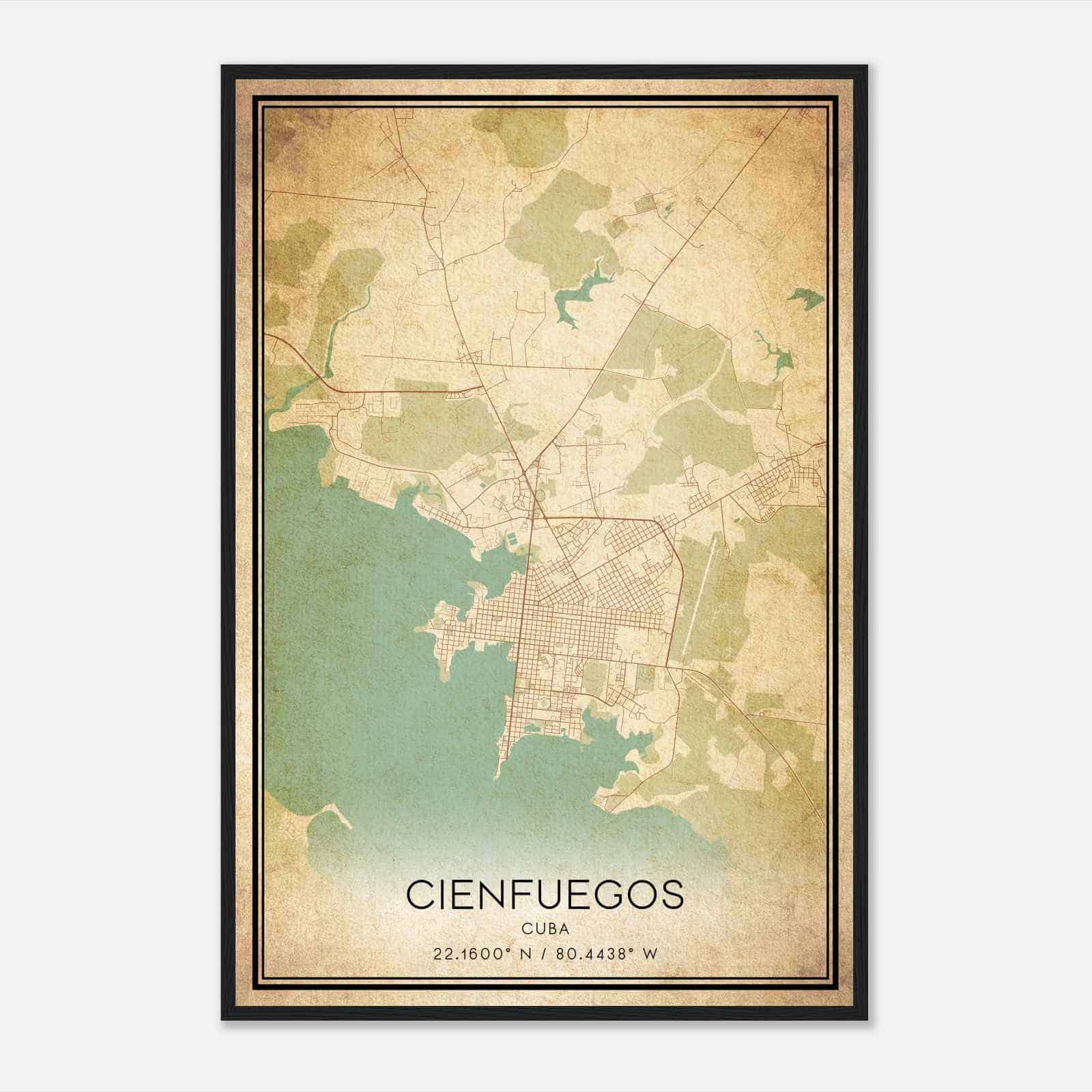 Vintage Cienfuegos Cuba Map Poster, Cienfuegos City Road Wall Art Print
