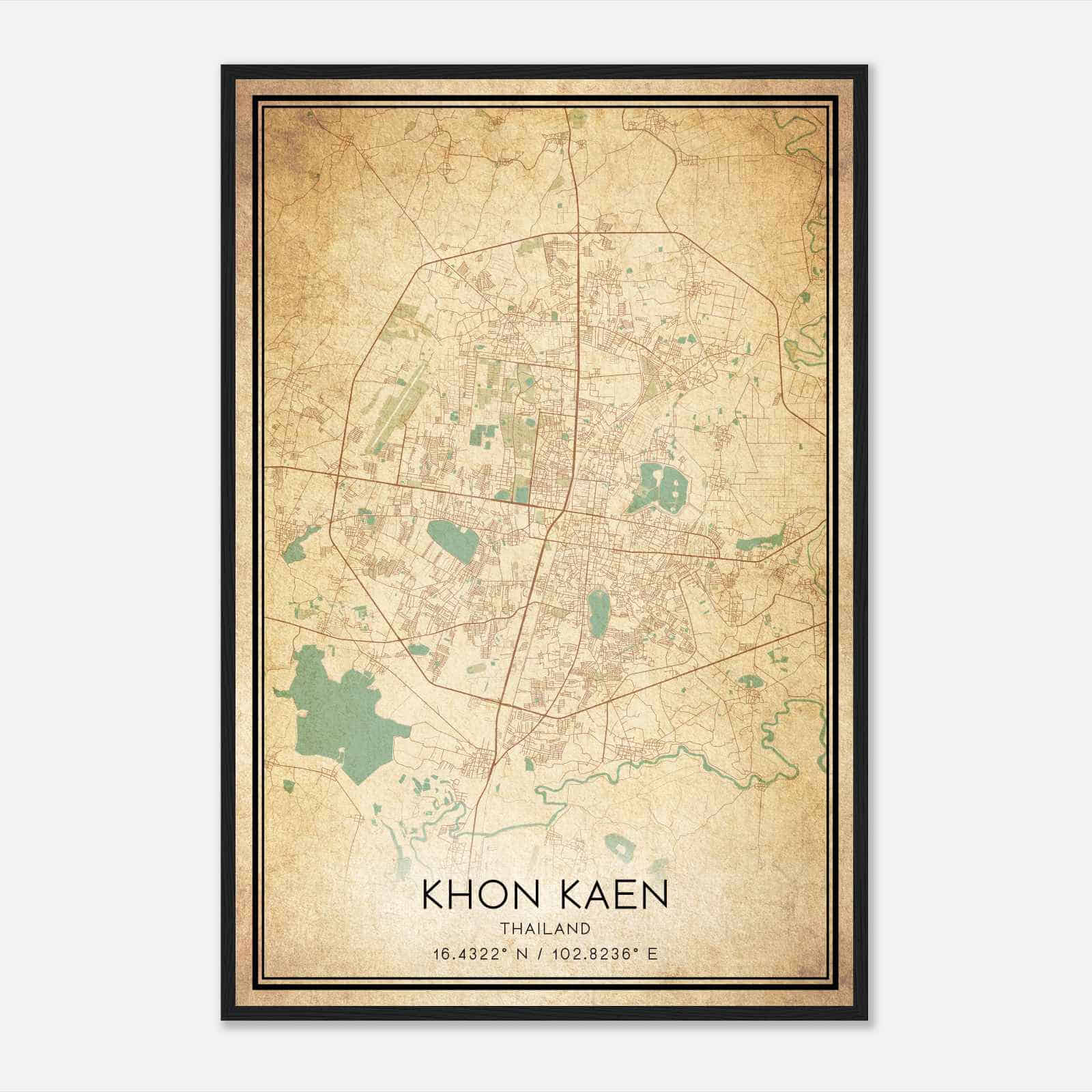 Vintage Khon Kaen Thailand Map Poster, Khon Kaen City Road Wall Art Print
