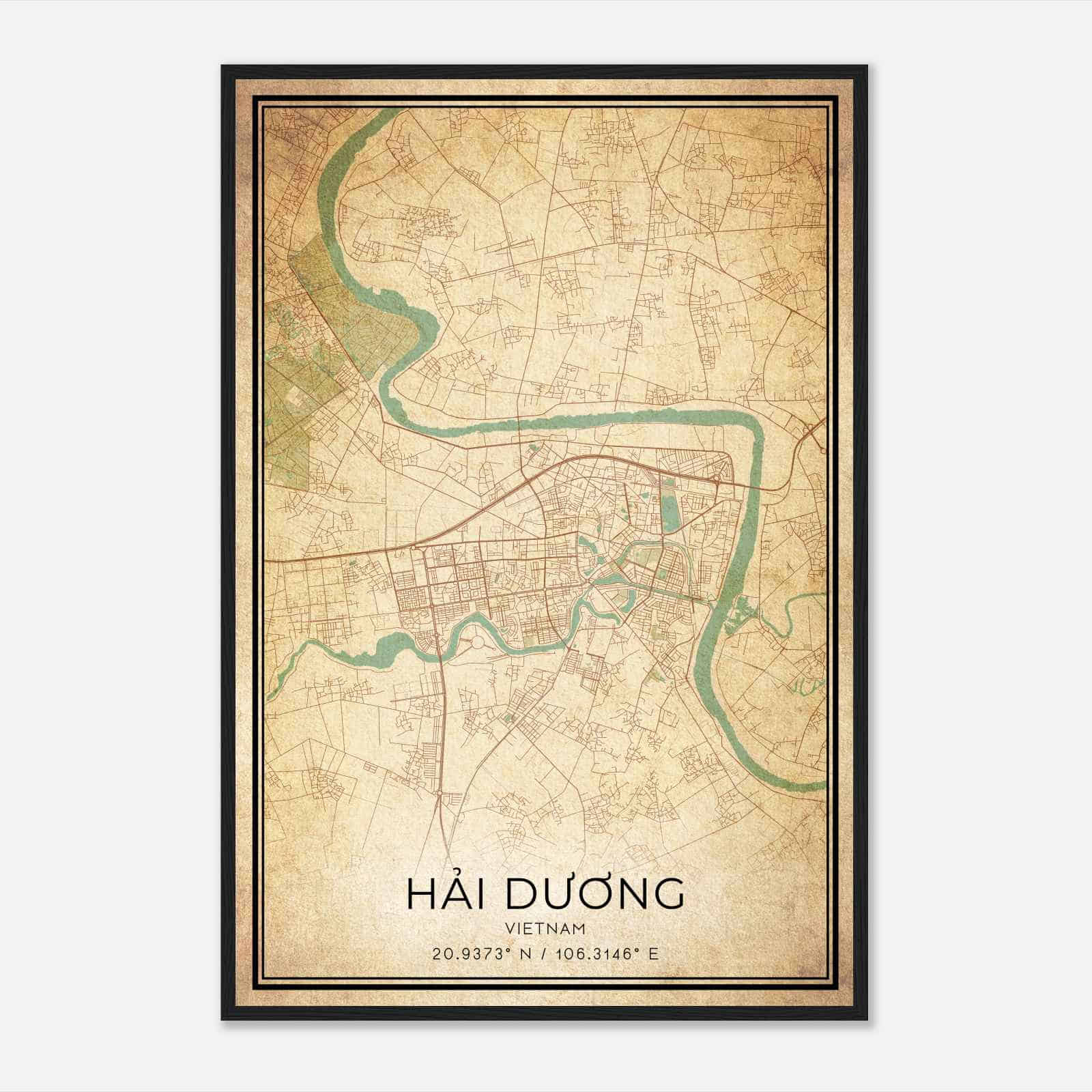 Vintage Hai Duong Vietnam Map Poster, Hai Duong City Road Wall Art Print