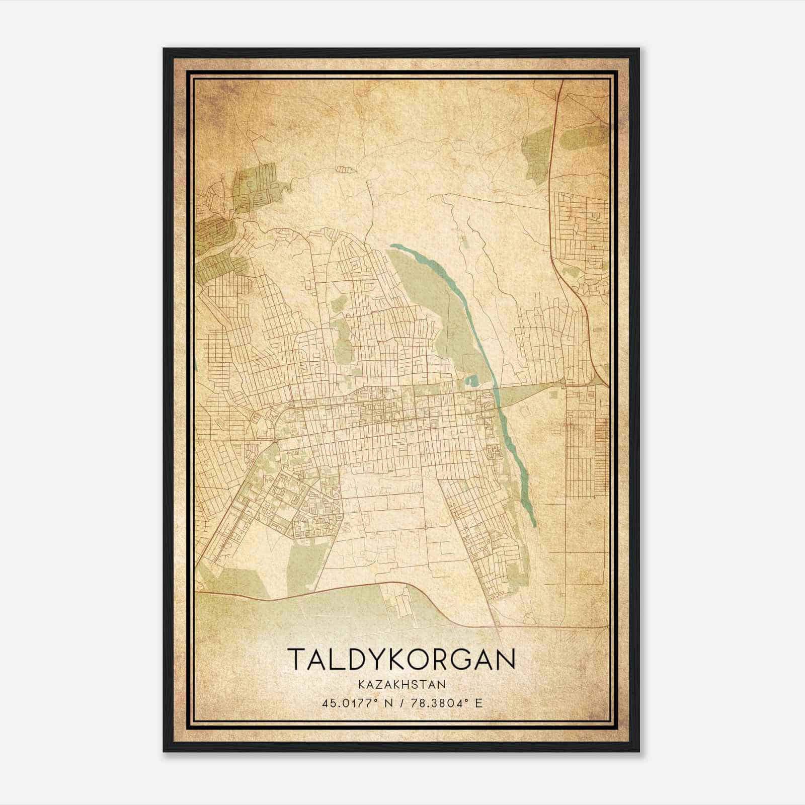Vintage Taldykorgan Kazakhstan Map Poster, Taldykorgan City Road Wall Art Print
