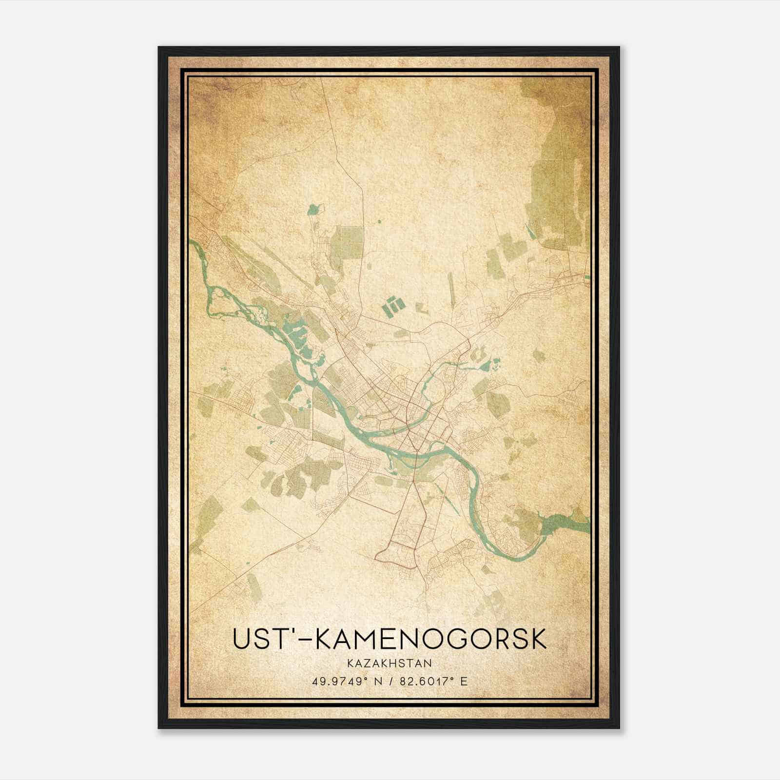 Vintage UstKamenogorsk Kazakhstan Map Poster, UstKamenogorsk City Road Wall Art Print