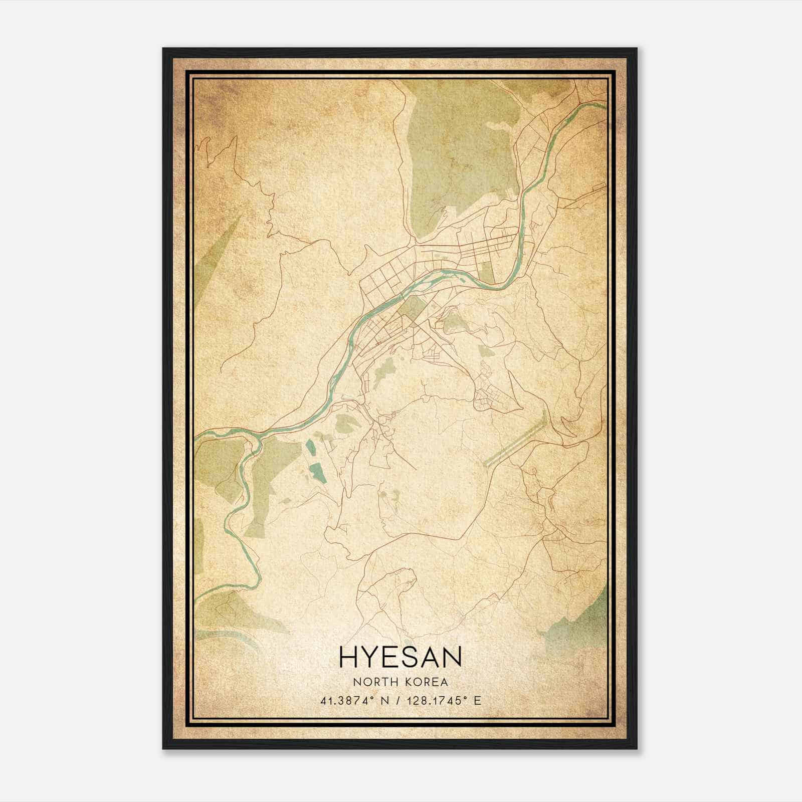 Vintage Hyesan North Korea Map Poster, Hyesan City Road Wall Art Print